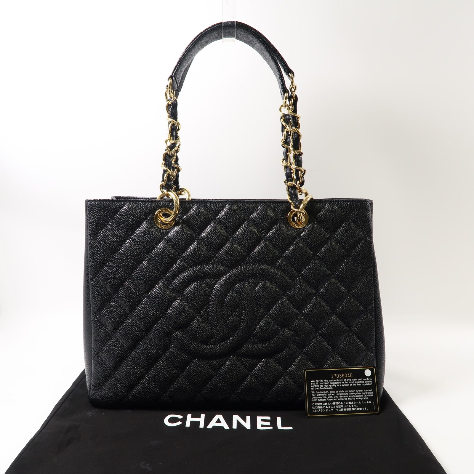 CHANEL 菱格Caviar皮革Grand Shopping Tote Bag金扣鏈帶肩背袋黑色
