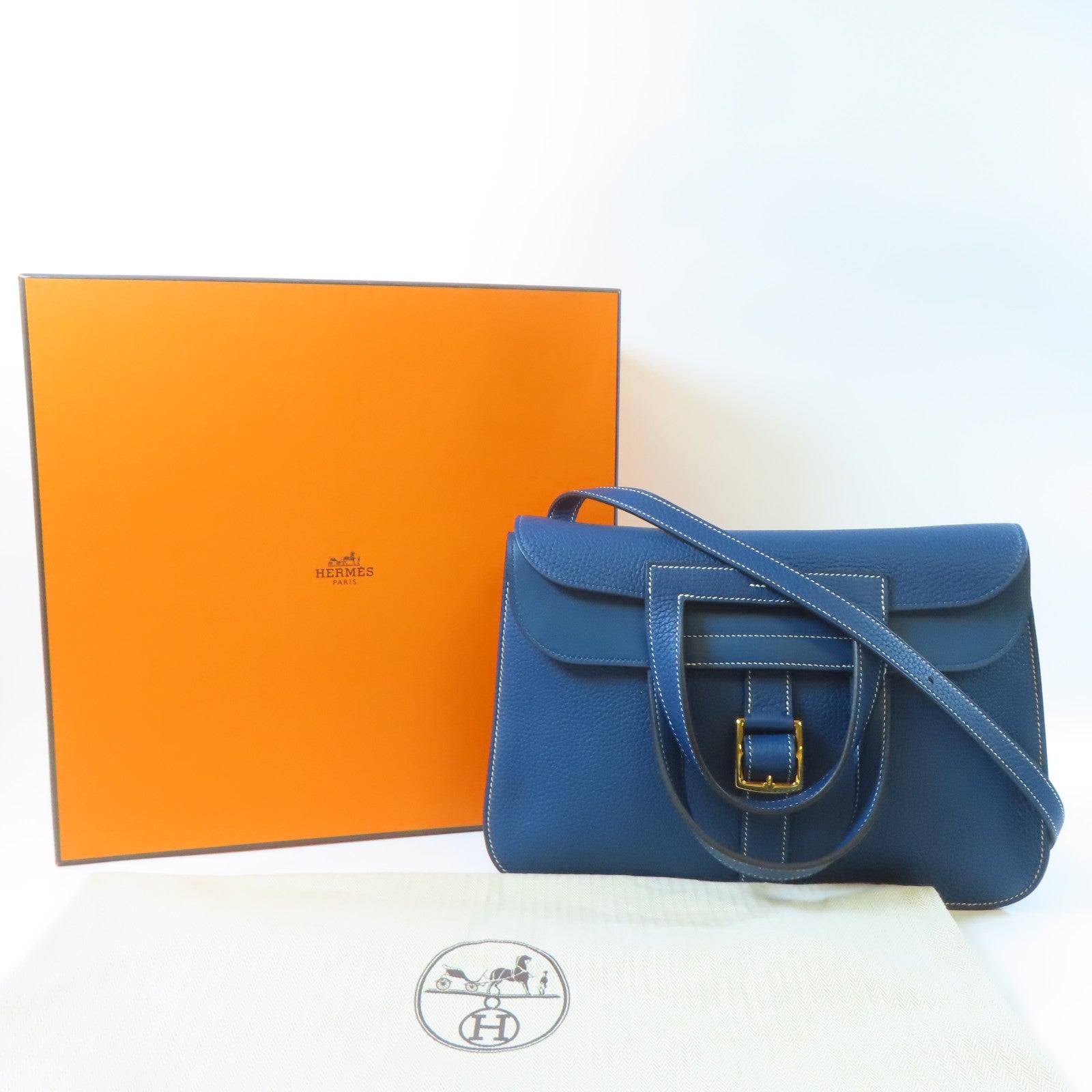 HERMES Clemence皮革Halzan 31金扣手挽肩背兩用袋Bleu Brighton/藍色