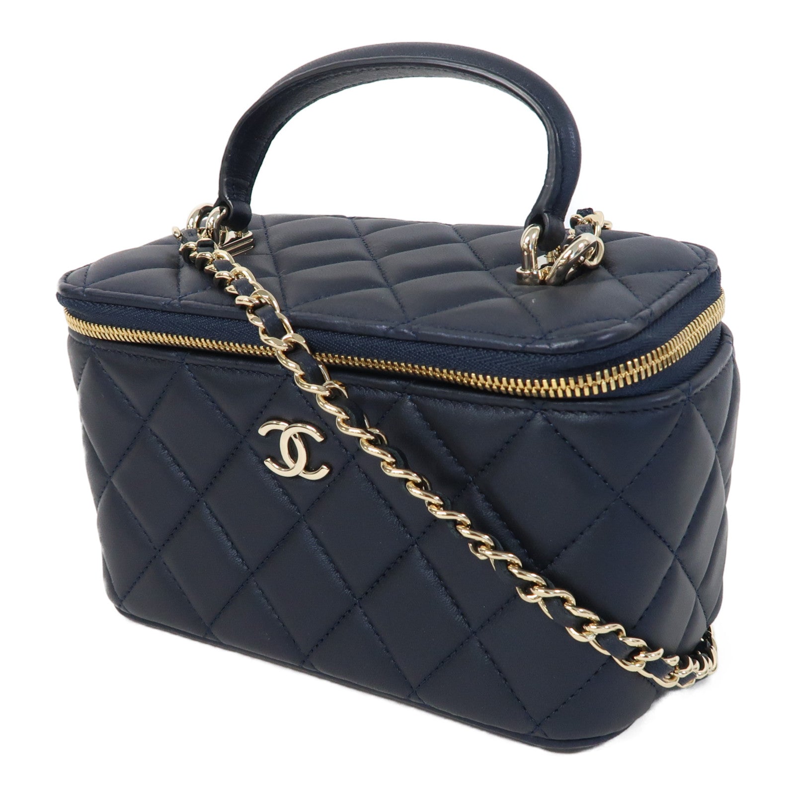 CHANEL 菱格羊皮皮革Vanity Case金扣鏈帶肩背袋深藍色