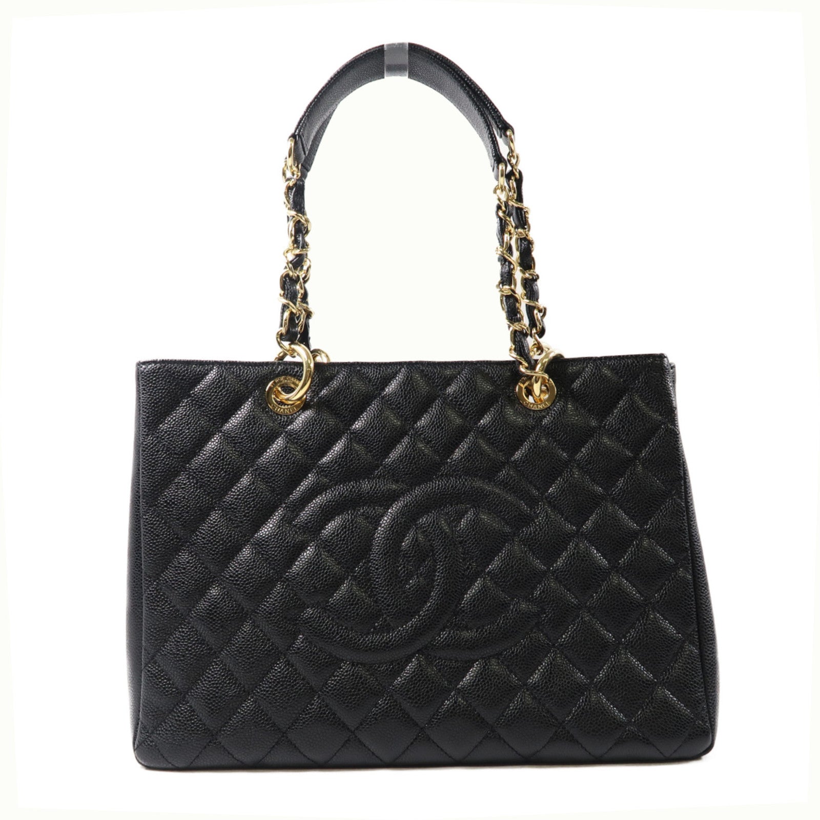 CHANEL 菱格Caviar皮革Grand Shopping Tote Bag金扣鏈帶肩背袋黑色