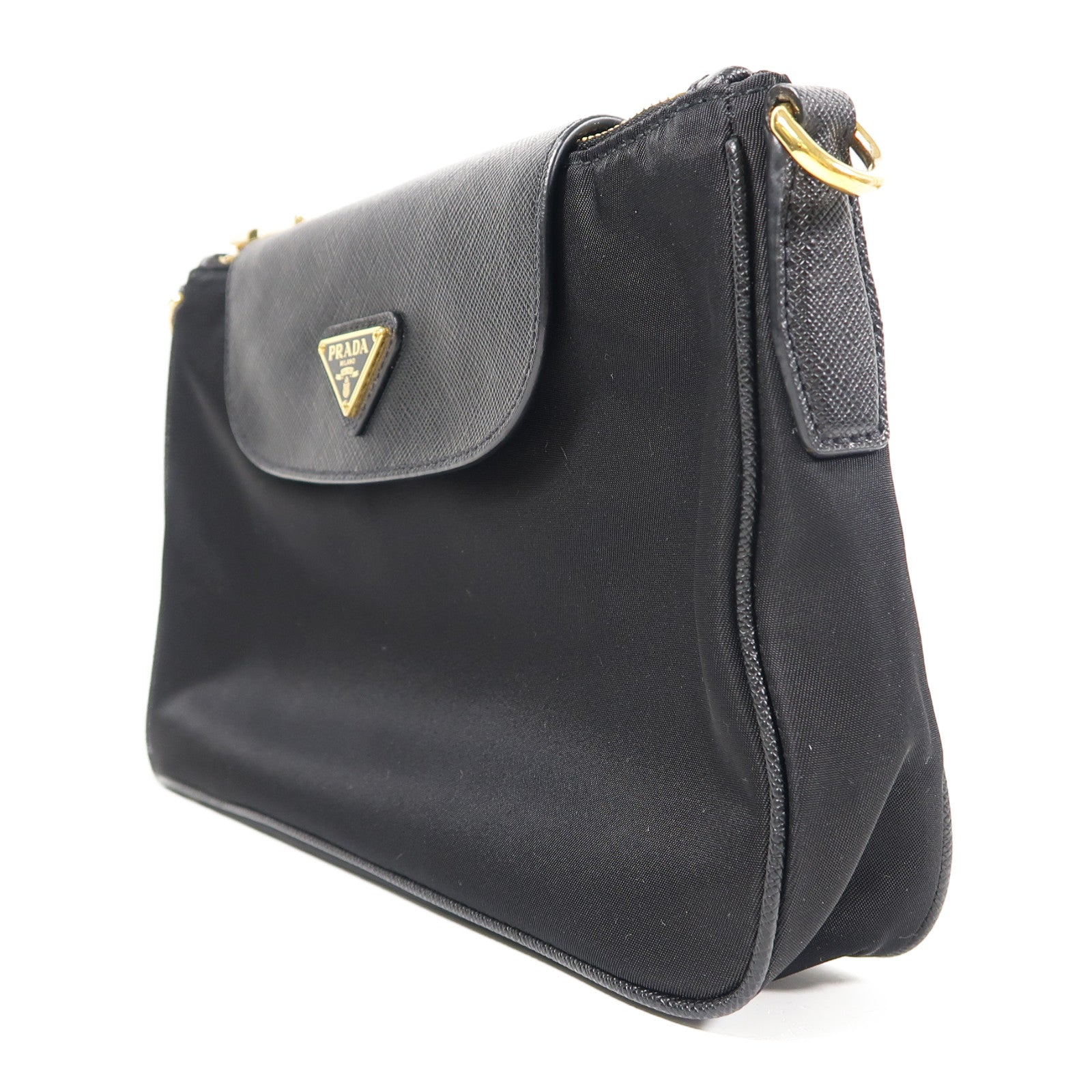 PRADA 尼龍/Saffiano皮革Saffiano Leather Chain Shoulder金扣鏈帶肩背袋黑色