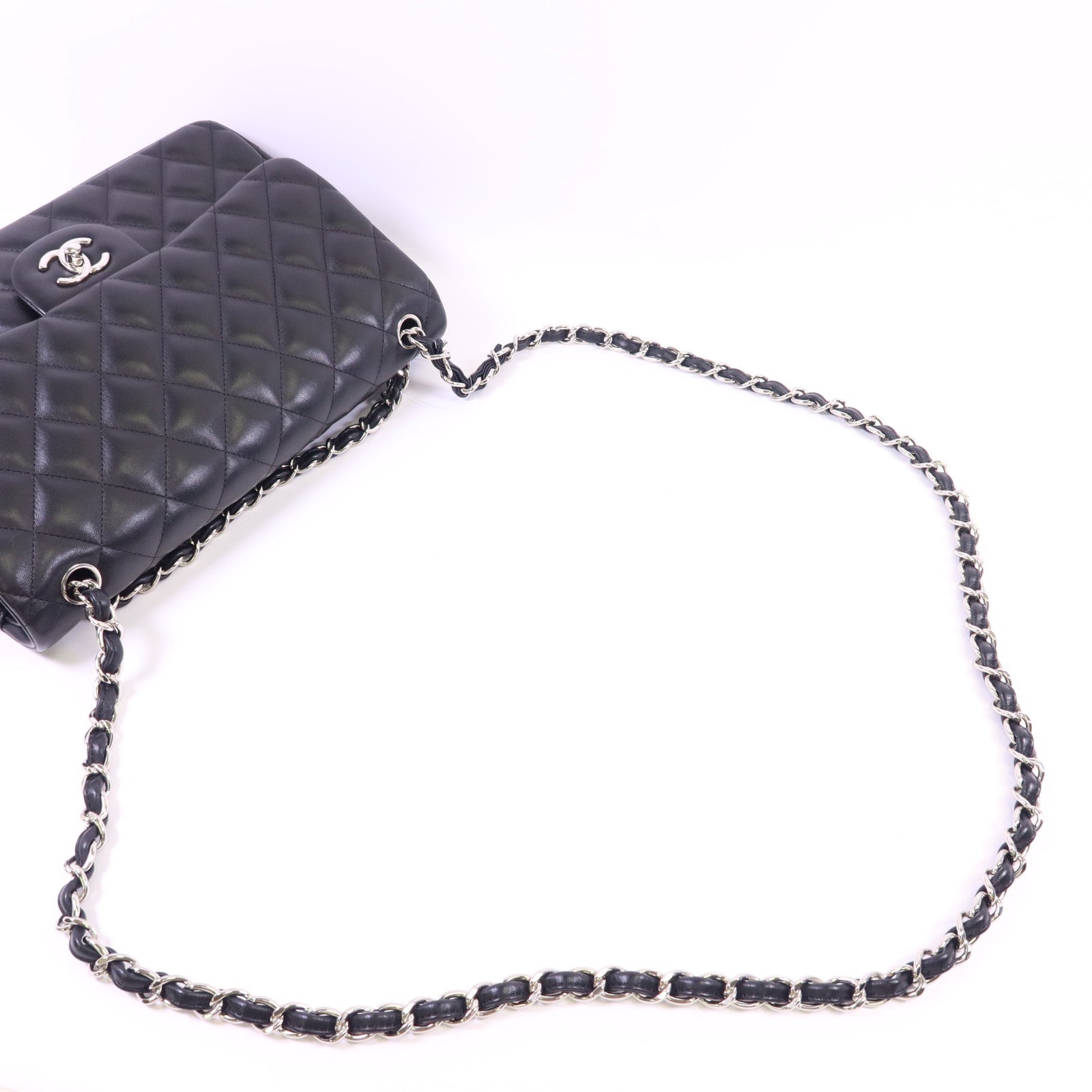 CHANEL 羊皮皮革Large Classic銀扣鏈帶手挽肩背兩用袋