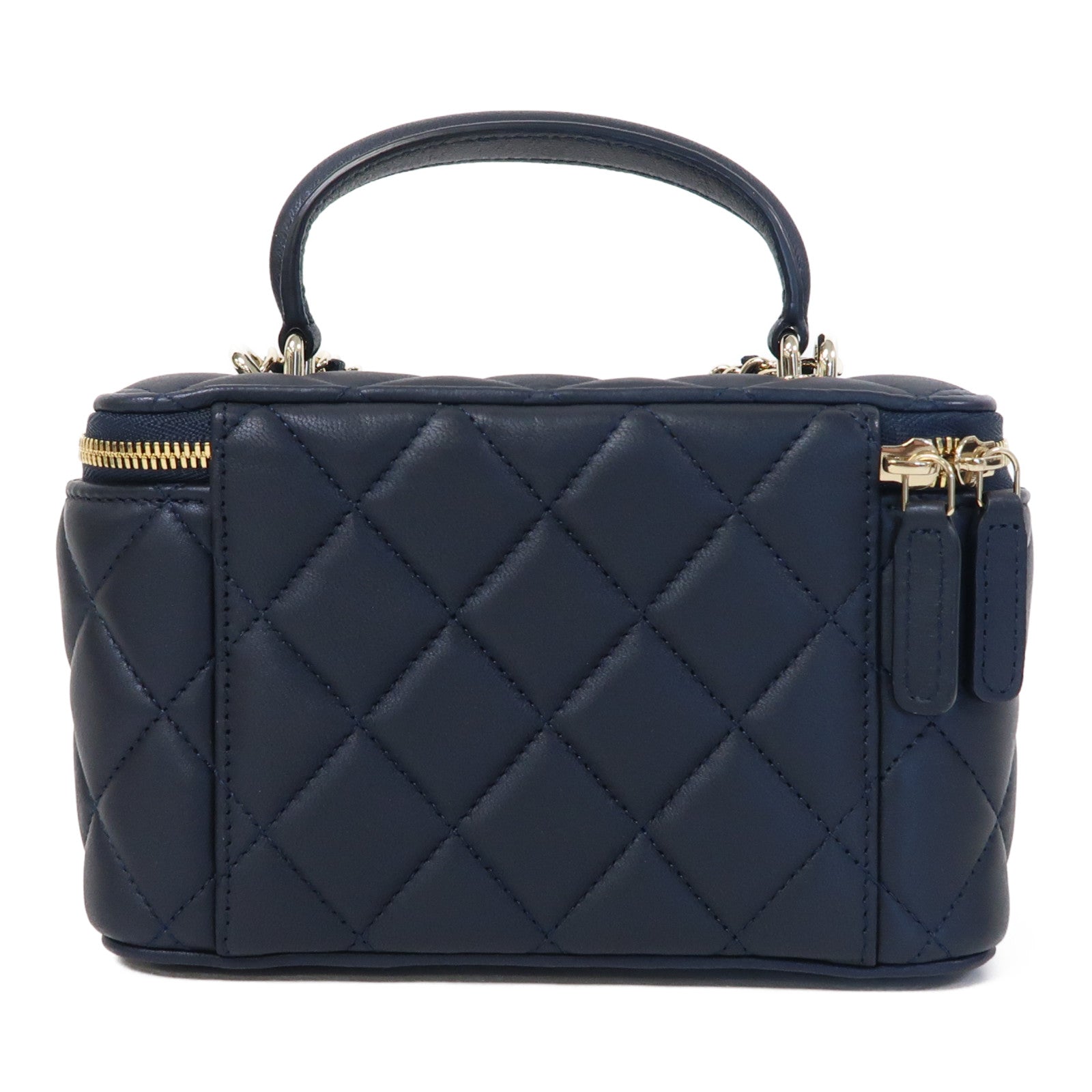 CHANEL 菱格羊皮皮革Vanity Case金扣鏈帶肩背袋深藍色