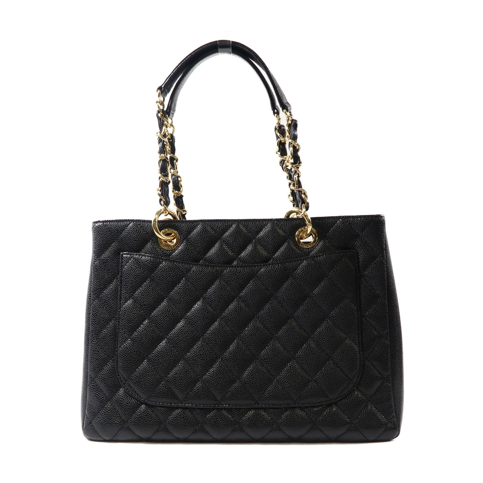 CHANEL 菱格Caviar皮革Grand Shopping Tote Bag金扣鏈帶肩背袋黑色