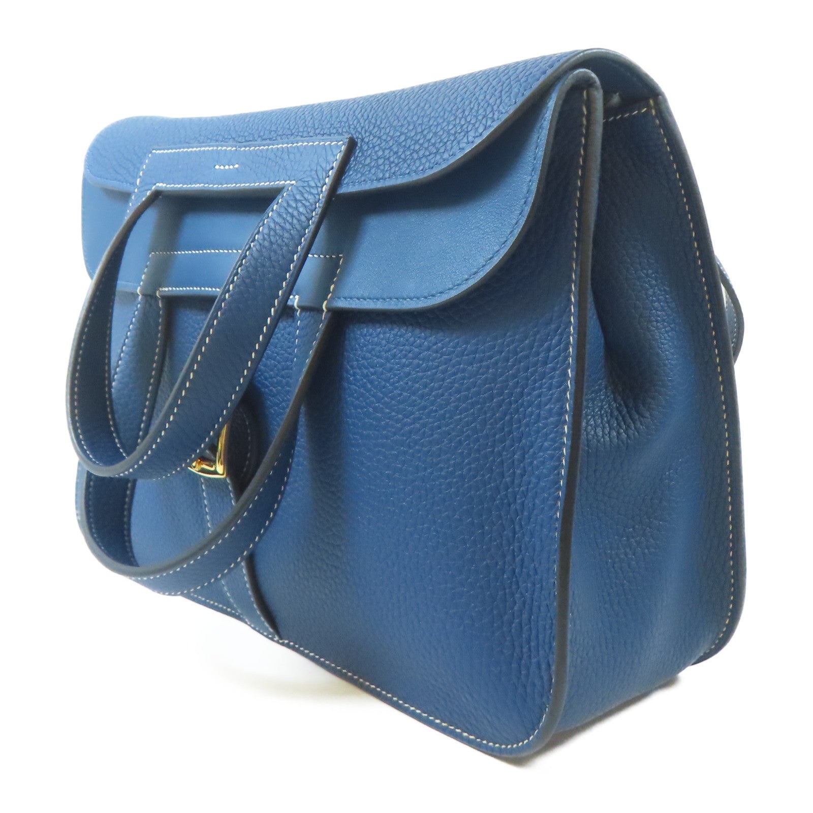 HERMES Clemence皮革Halzan 31金扣手挽肩背兩用袋Bleu Brighton/藍色