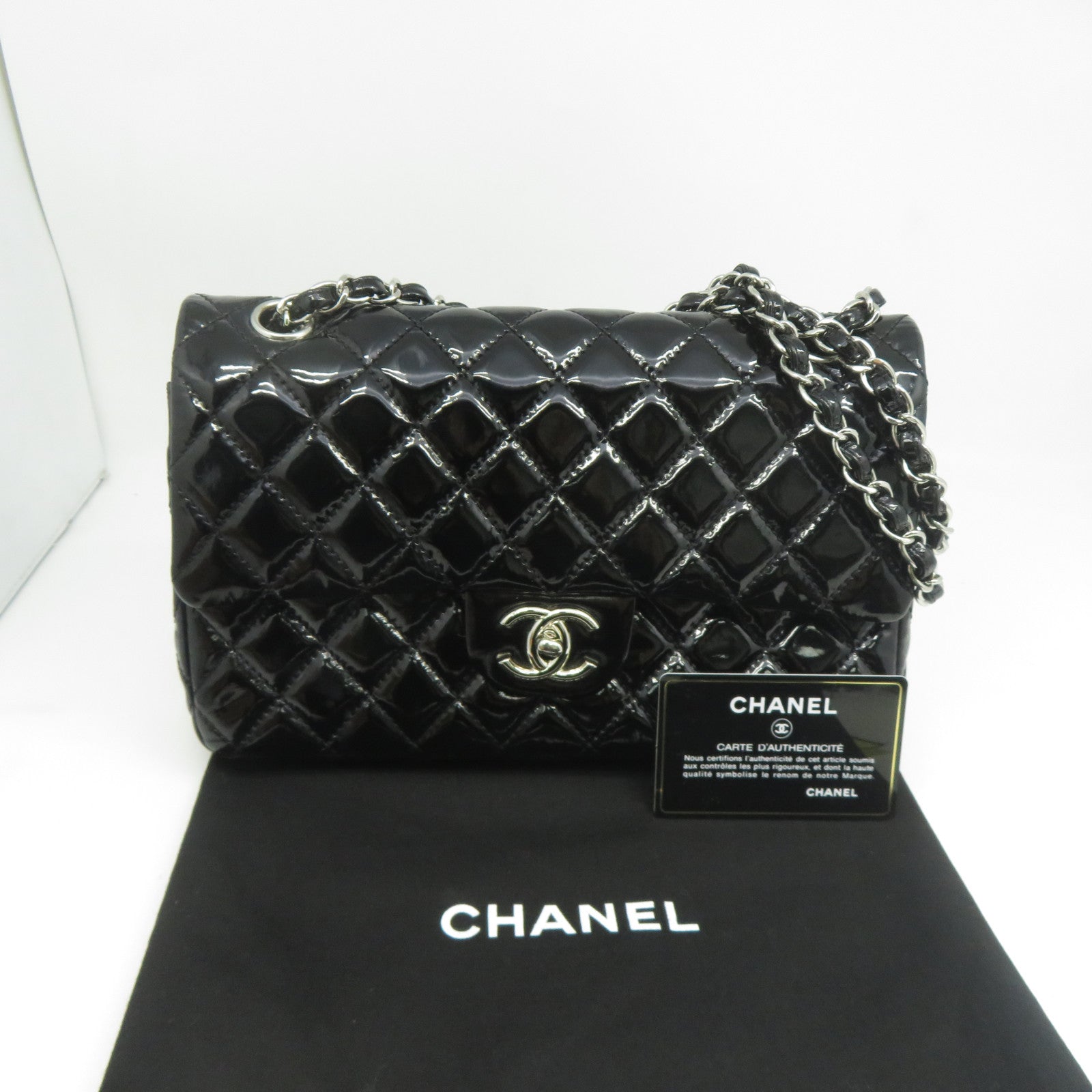 CHANEL **【清倉大減價】菱格漆皮皮革Chain Shoulder銀扣鏈帶肩背袋黑色
