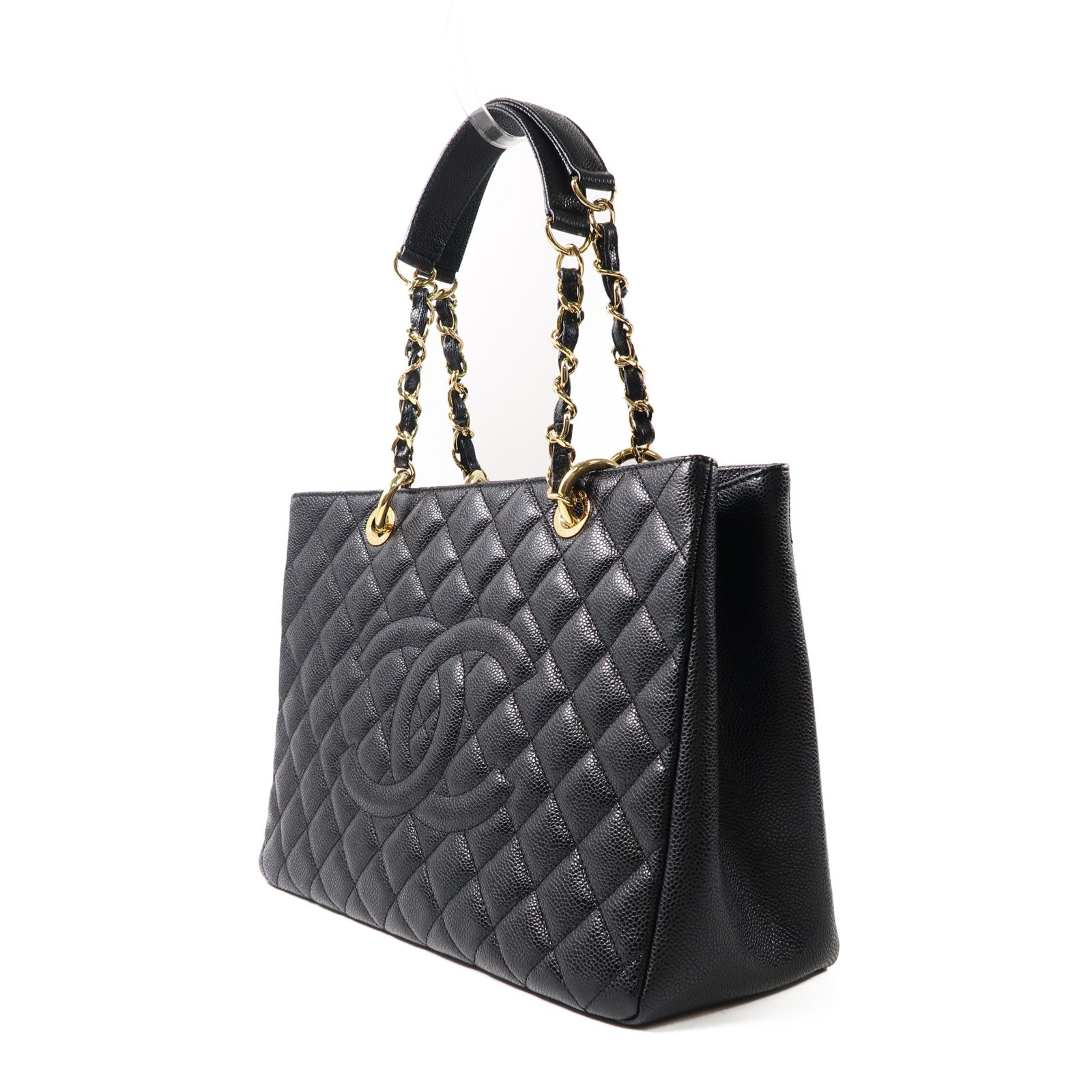 CHANEL 菱格Caviar皮革Grand Shopping Tote Bag金扣鏈帶肩背袋黑色
