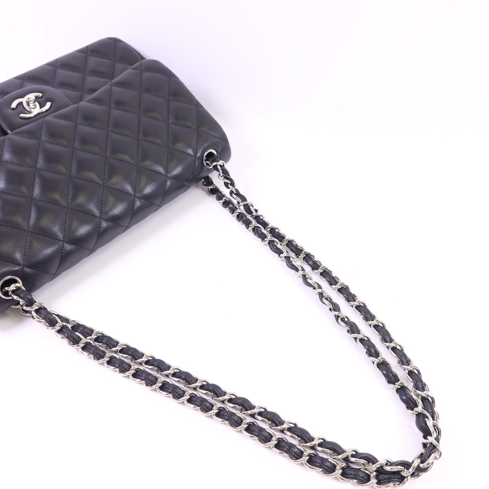 CHANEL 羊皮皮革Large Classic銀扣鏈帶手挽肩背兩用袋