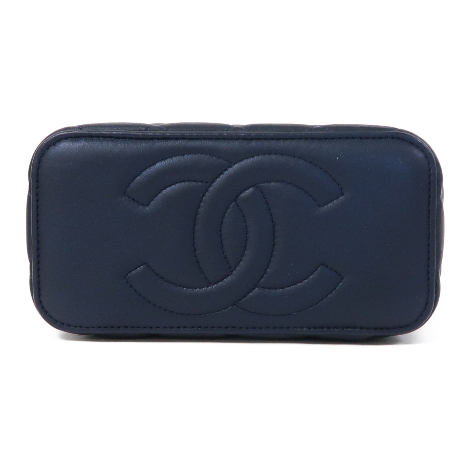 CHANEL 菱格羊皮皮革Vanity Case金扣鏈帶肩背袋深藍色