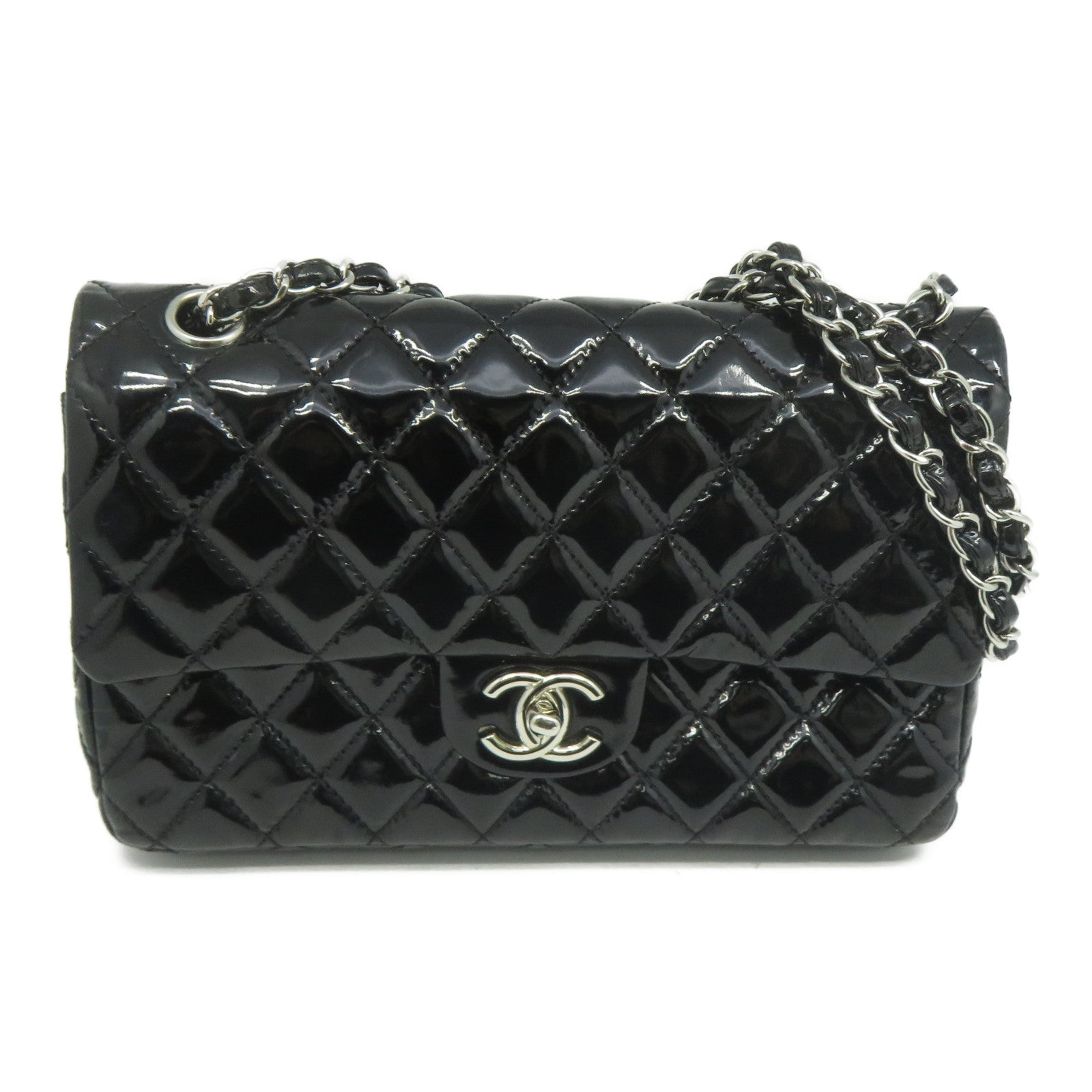 CHANEL **【清倉大減價】菱格漆皮皮革Chain Shoulder銀扣鏈帶肩背袋黑色