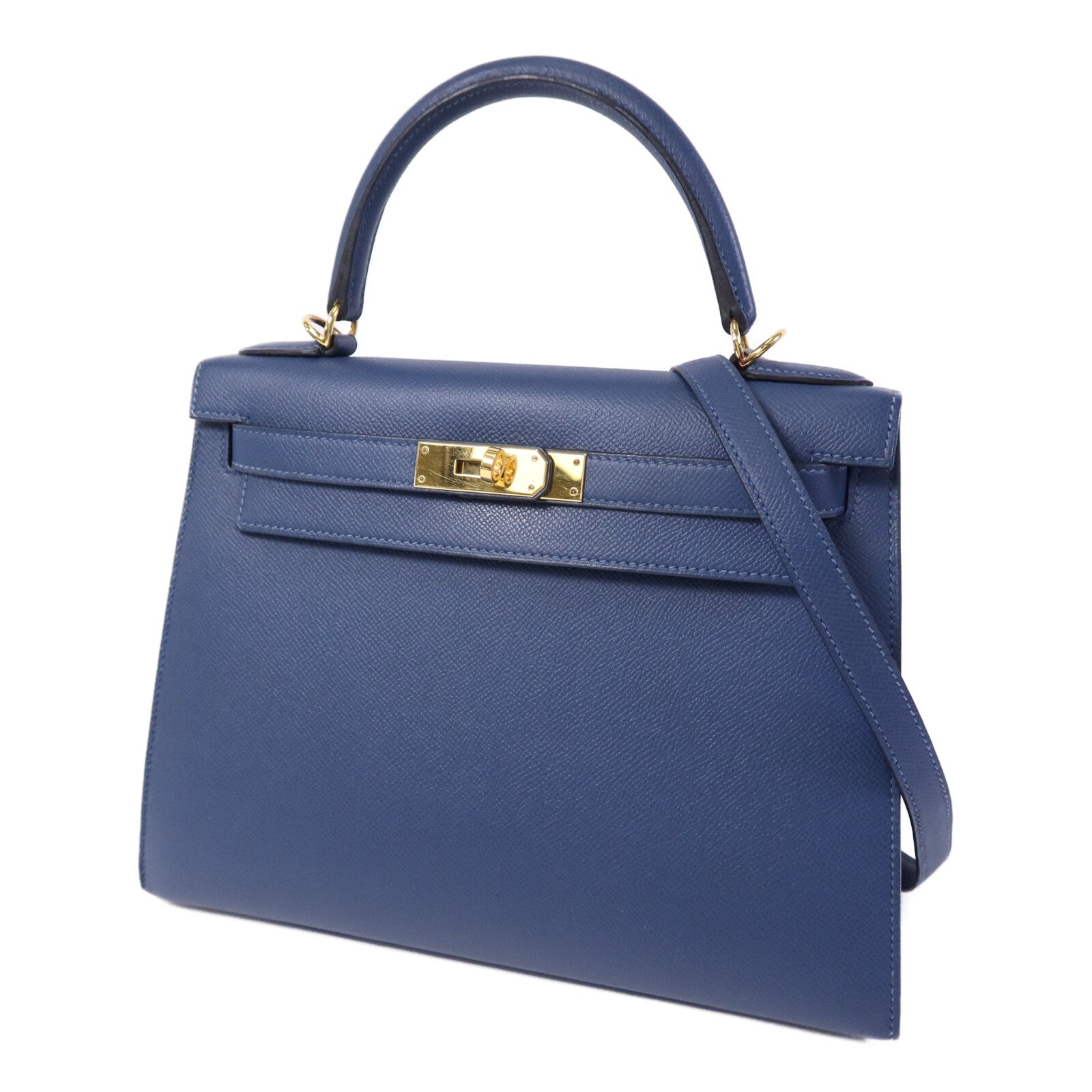 HERMES Epsom皮革Kelly 28金扣手挽肩背兩用袋Deep Bleu
