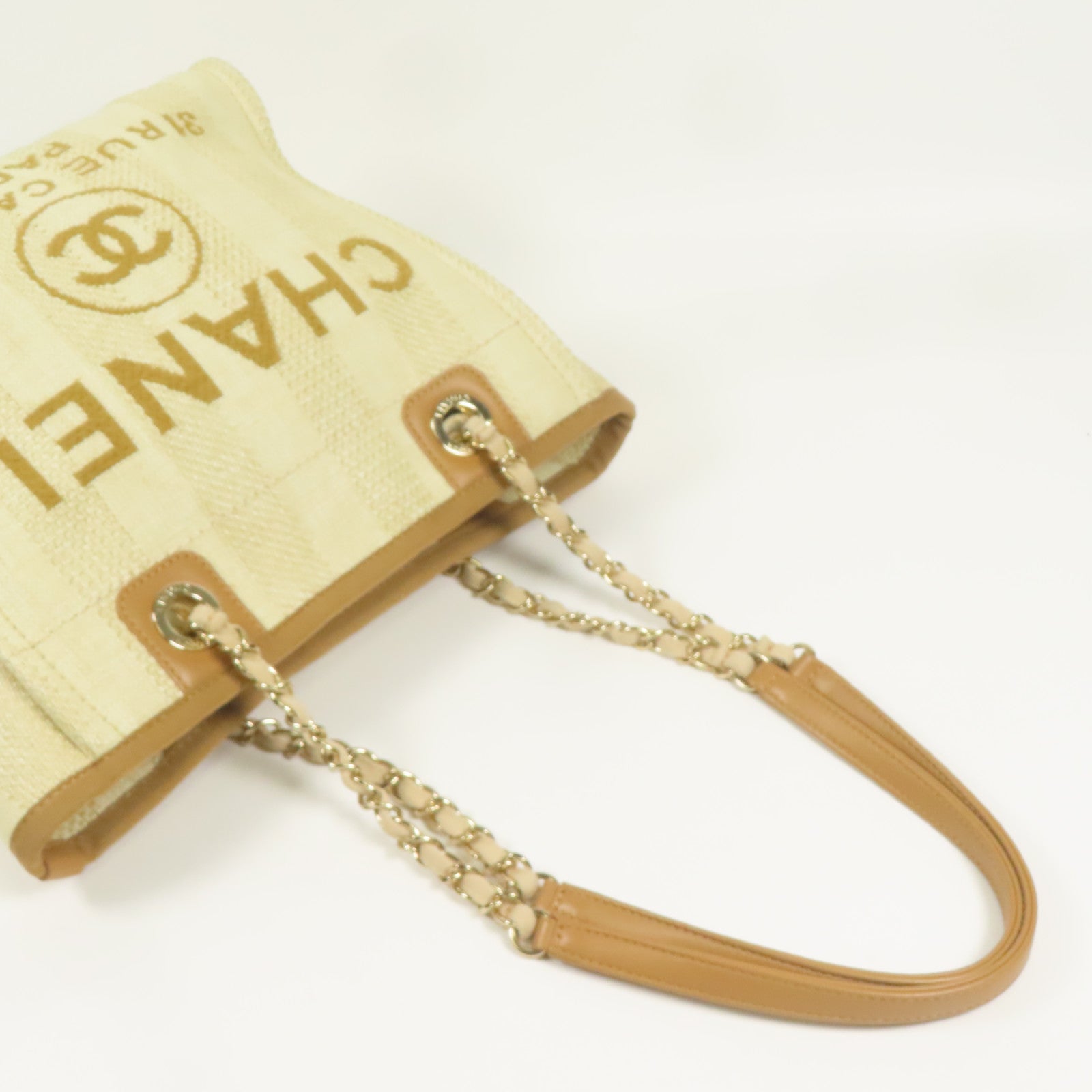 CHANEL 帆布Deauville PM金扣鏈帶肩背袋