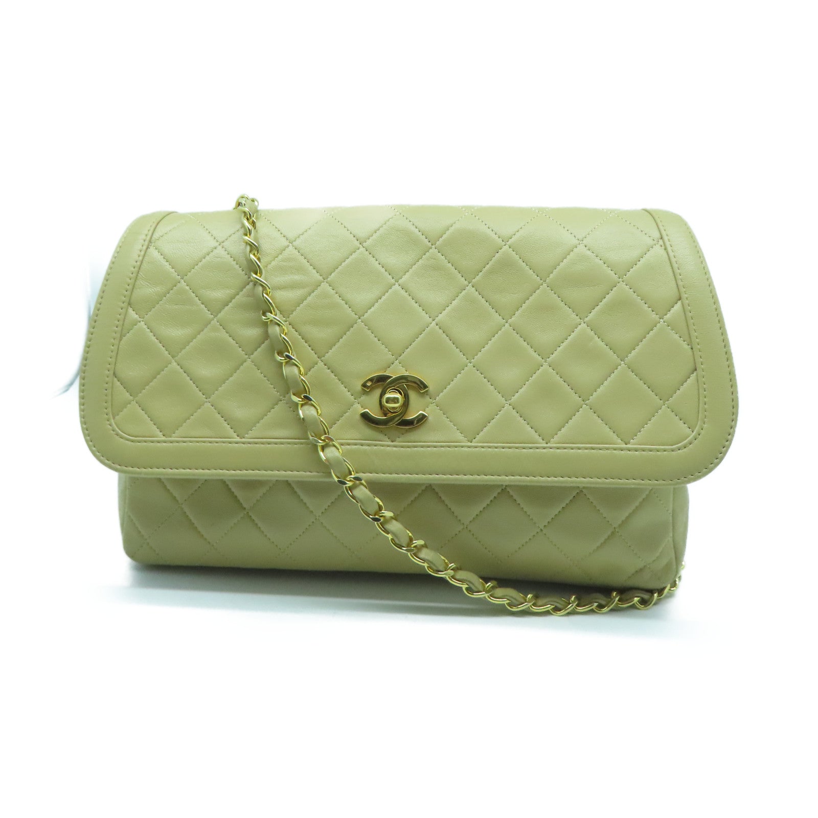 CHANEL 【清倉大減價】菱格羊皮皮革Chain Shoulder金扣鏈帶肩背袋米色