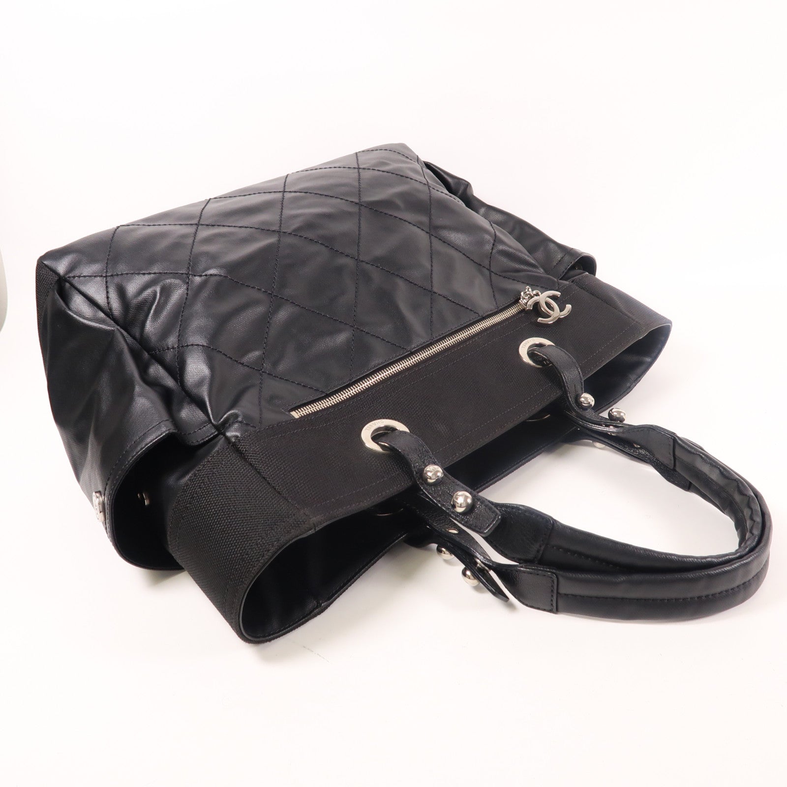 CHANEL 塗層帆布/皮革Tote Bag銀扣肩背袋