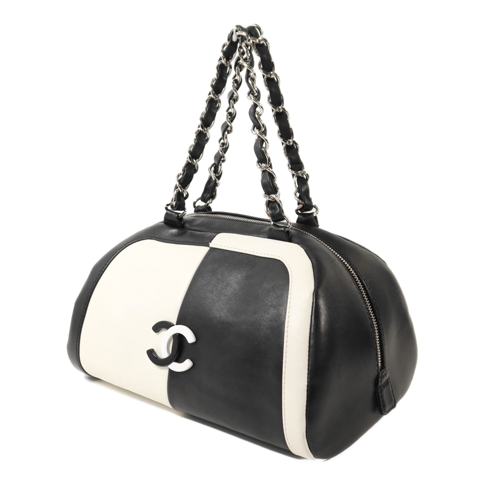 CHANEL 羊皮皮革Boston Bag銀扣鏈帶手挽袋