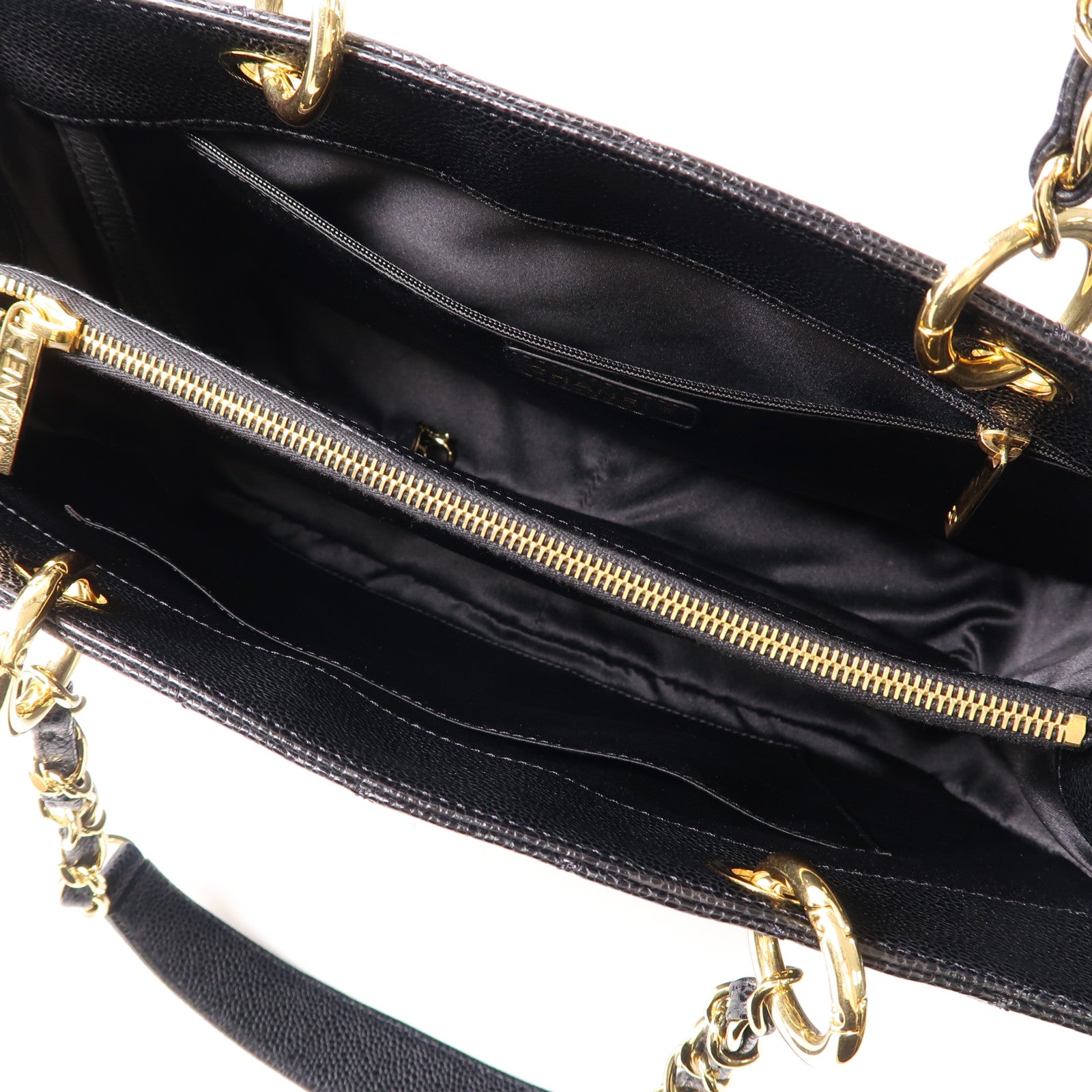 CHANEL 菱格Caviar皮革Grand Shopping Tote Bag金扣鏈帶肩背袋黑色