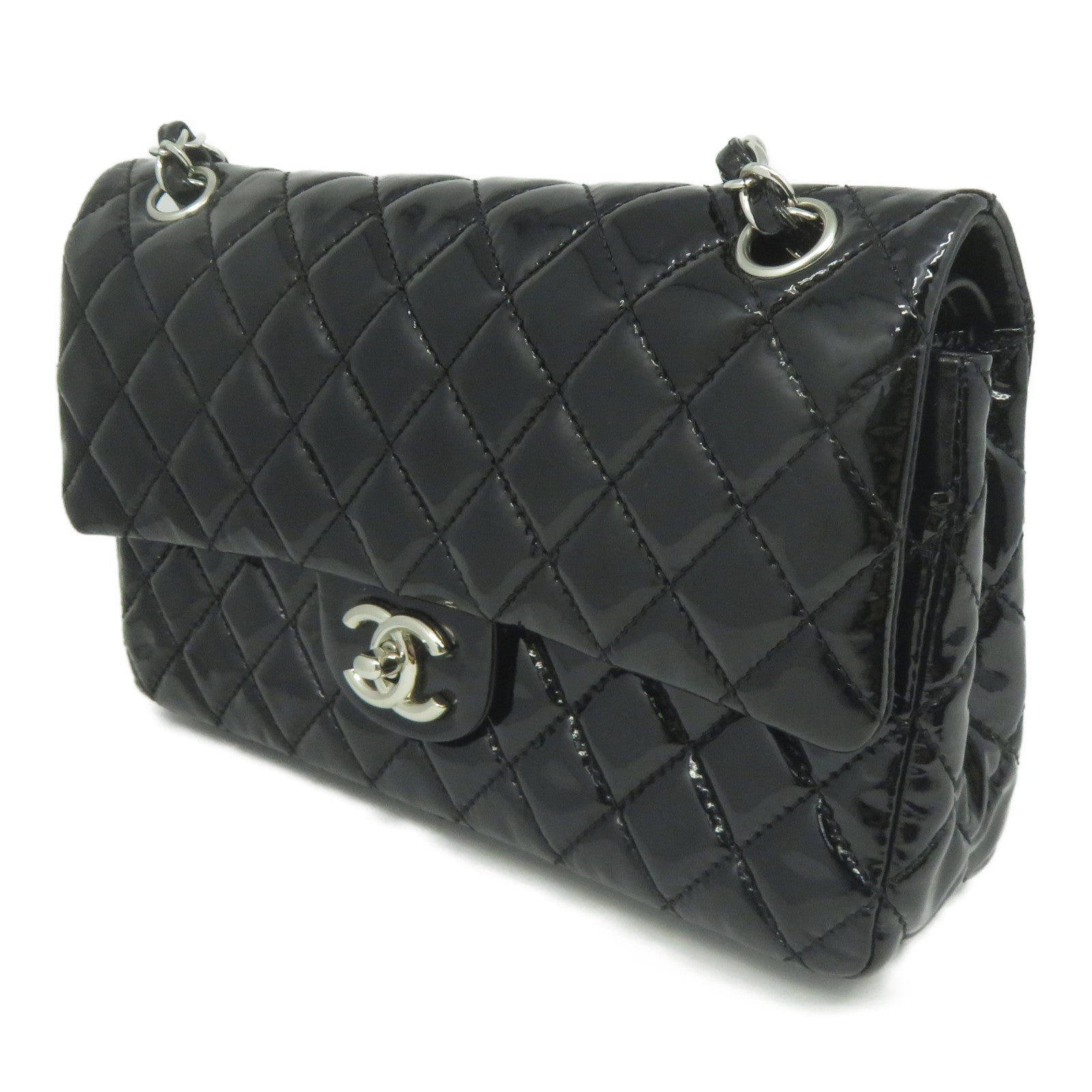 CHANEL **【清倉大減價】菱格漆皮皮革Chain Shoulder銀扣鏈帶肩背袋黑色