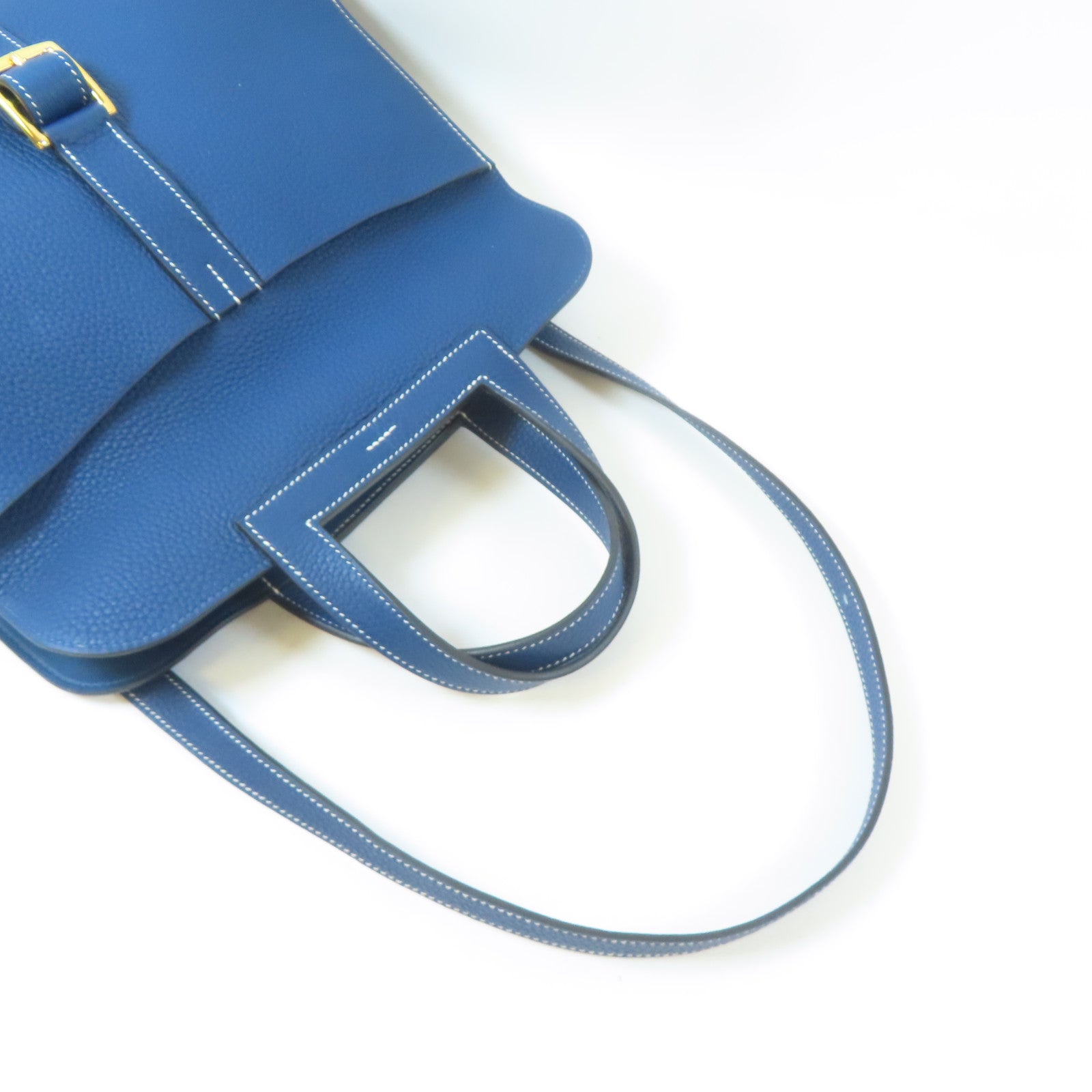 HERMES Clemence皮革Halzan 31金扣手挽肩背兩用袋Bleu Brighton/藍色