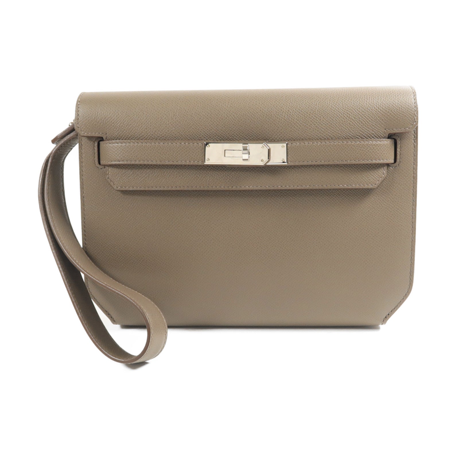 HERMES Epsom皮革Kelly Depeche 25銀扣手拿包Etoupe