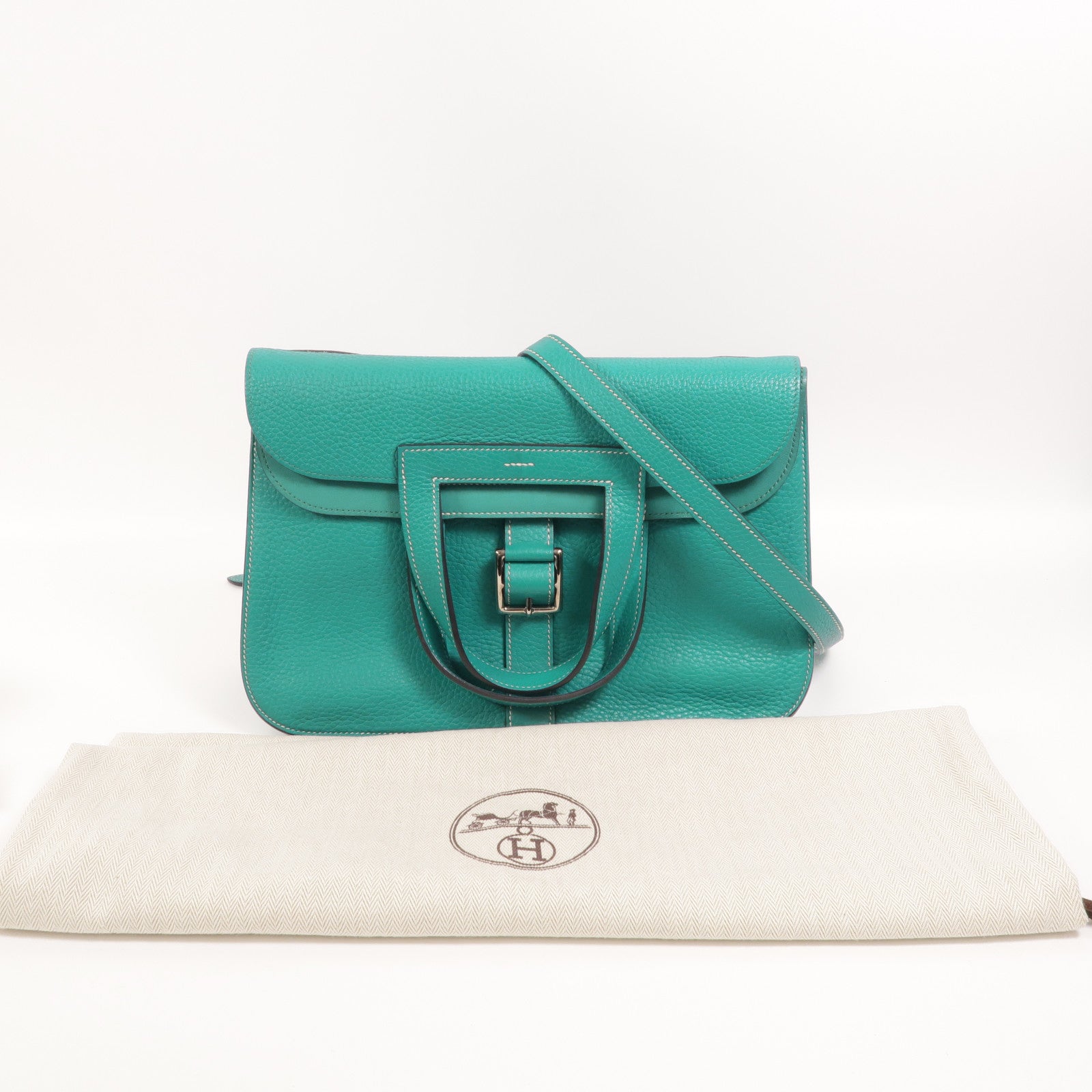 HERMES Clemence皮革Halzan 31手挽肩背兩用袋Bleu Paon