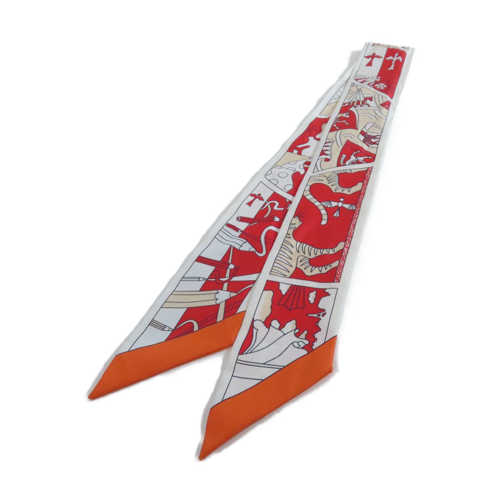 HERMES 【激減優惠】絲質Twilly絲巾紅色/白色