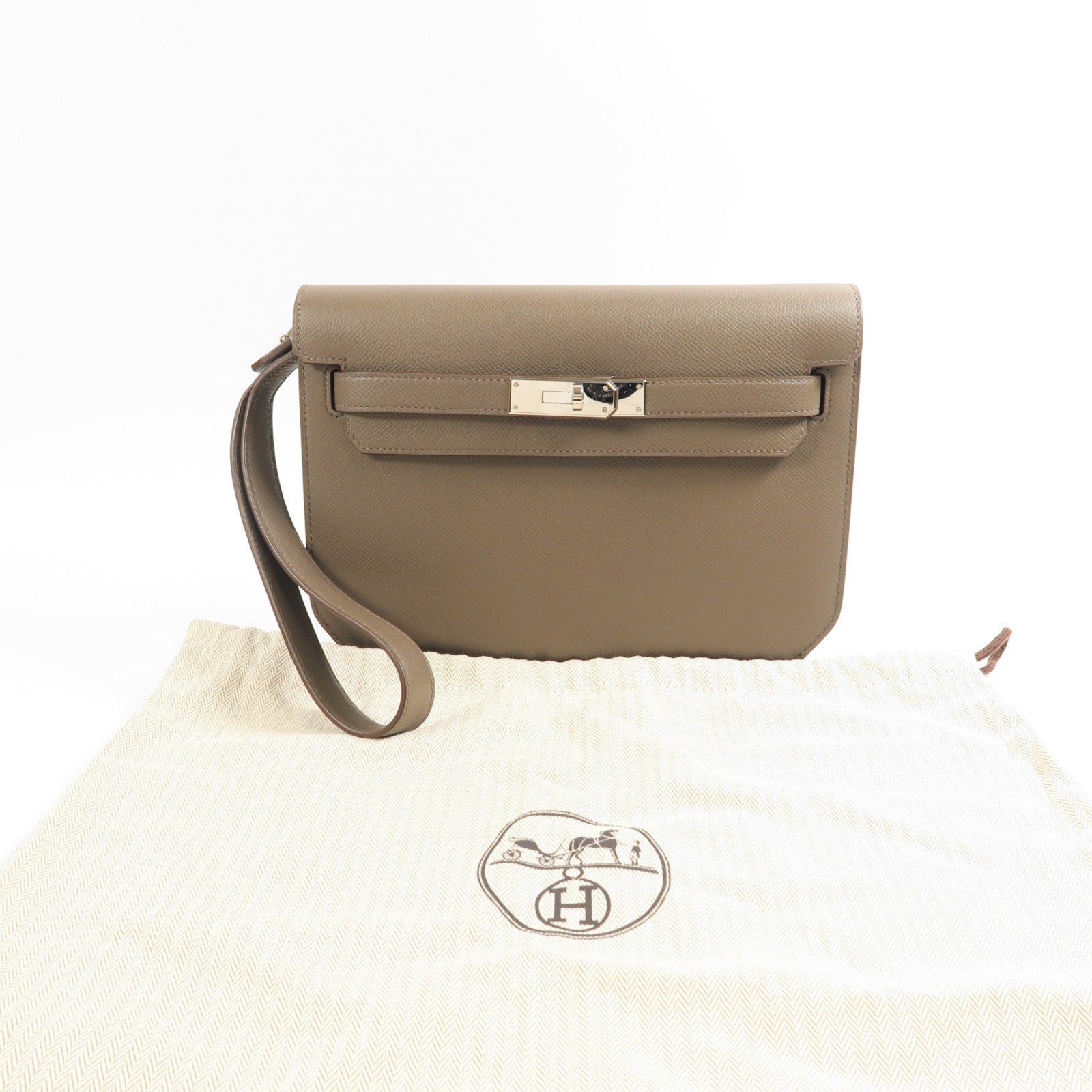 HERMES Epsom皮革Kelly Depeche 25銀扣手拿包Etoupe