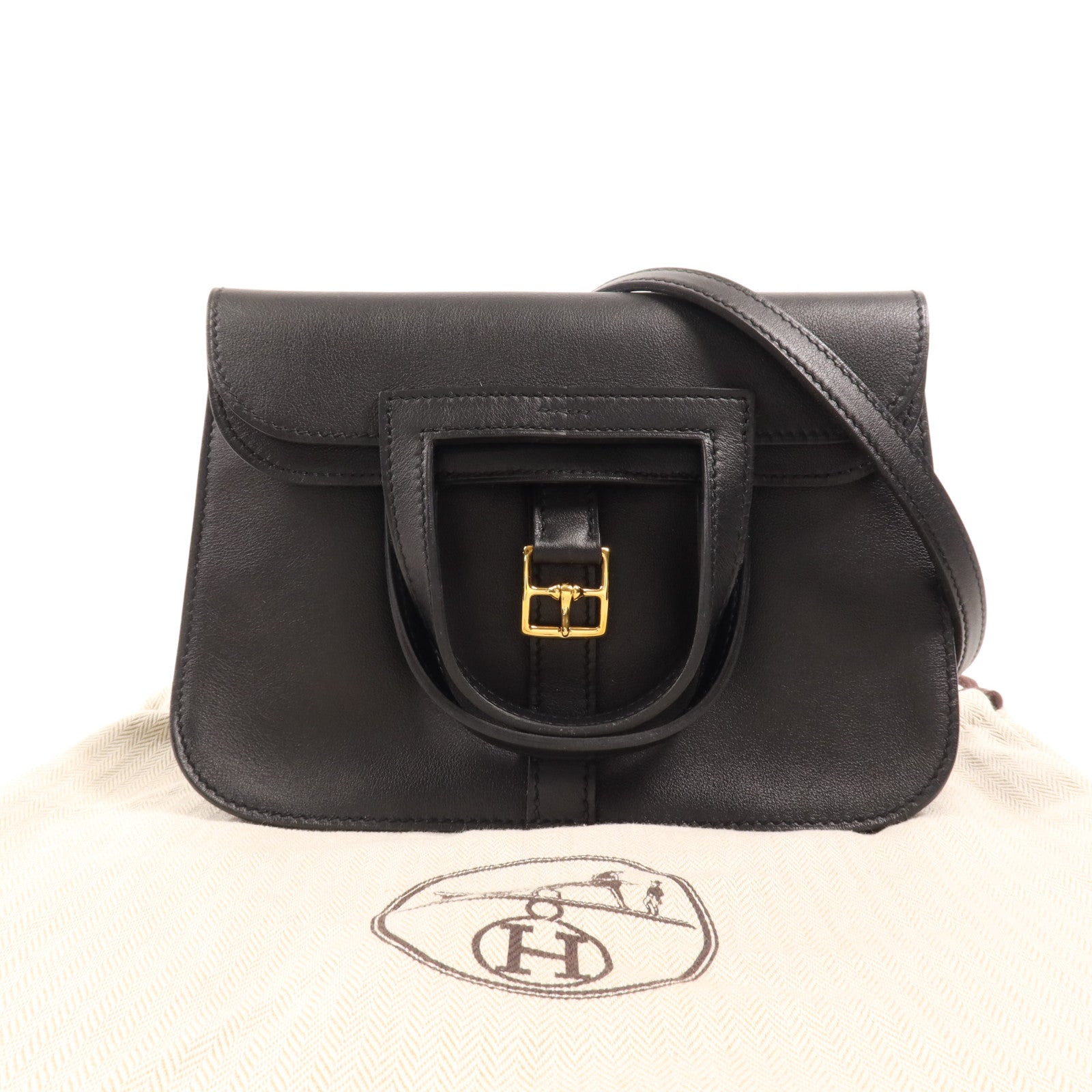 HERMES Swift皮革Halzan Mini金扣手挽肩背兩用袋Noir