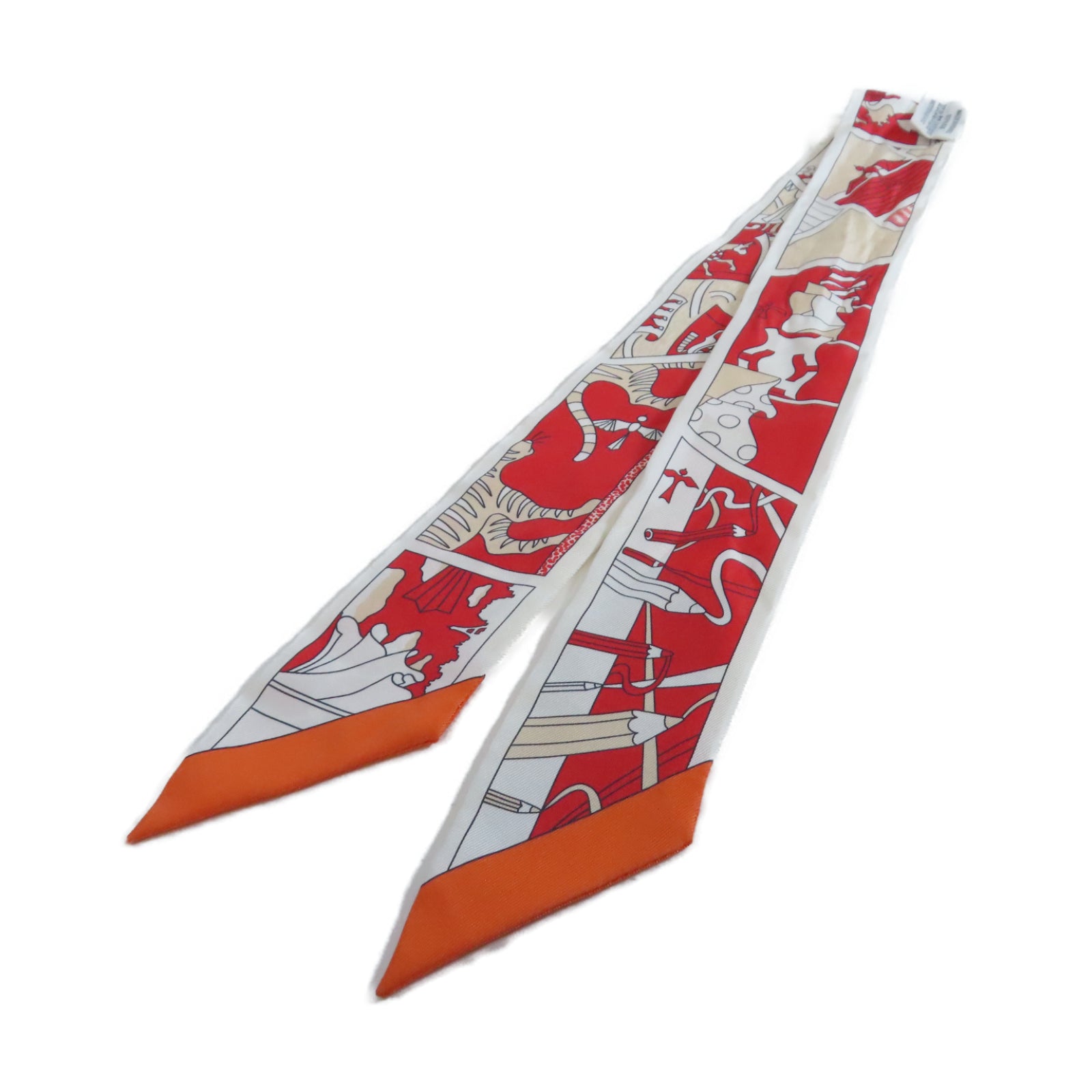 HERMES 【激減優惠】絲質Twilly絲巾紅色/白色