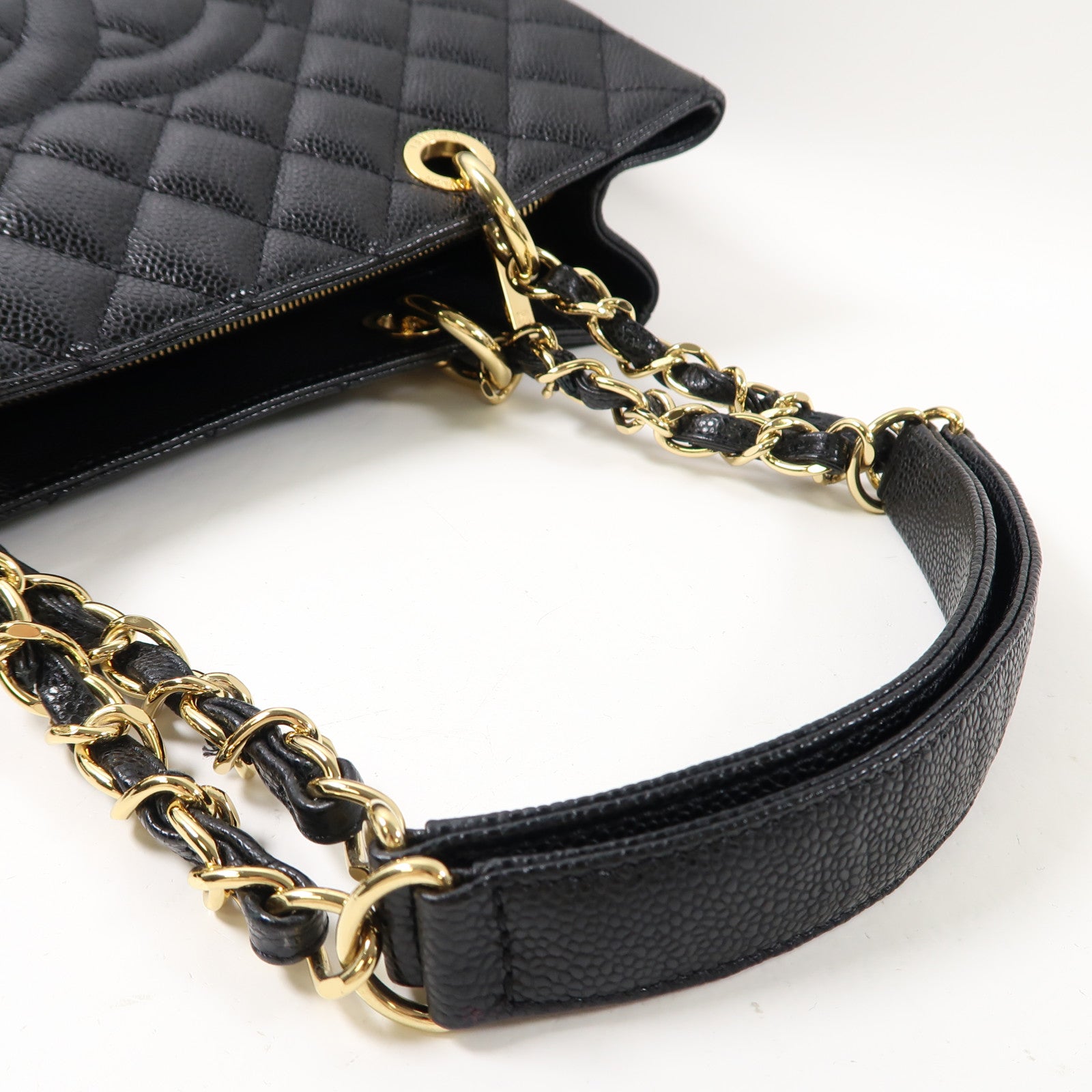 CHANEL 菱格Caviar皮革Grand Shopping Tote Bag金扣鏈帶肩背袋黑色
