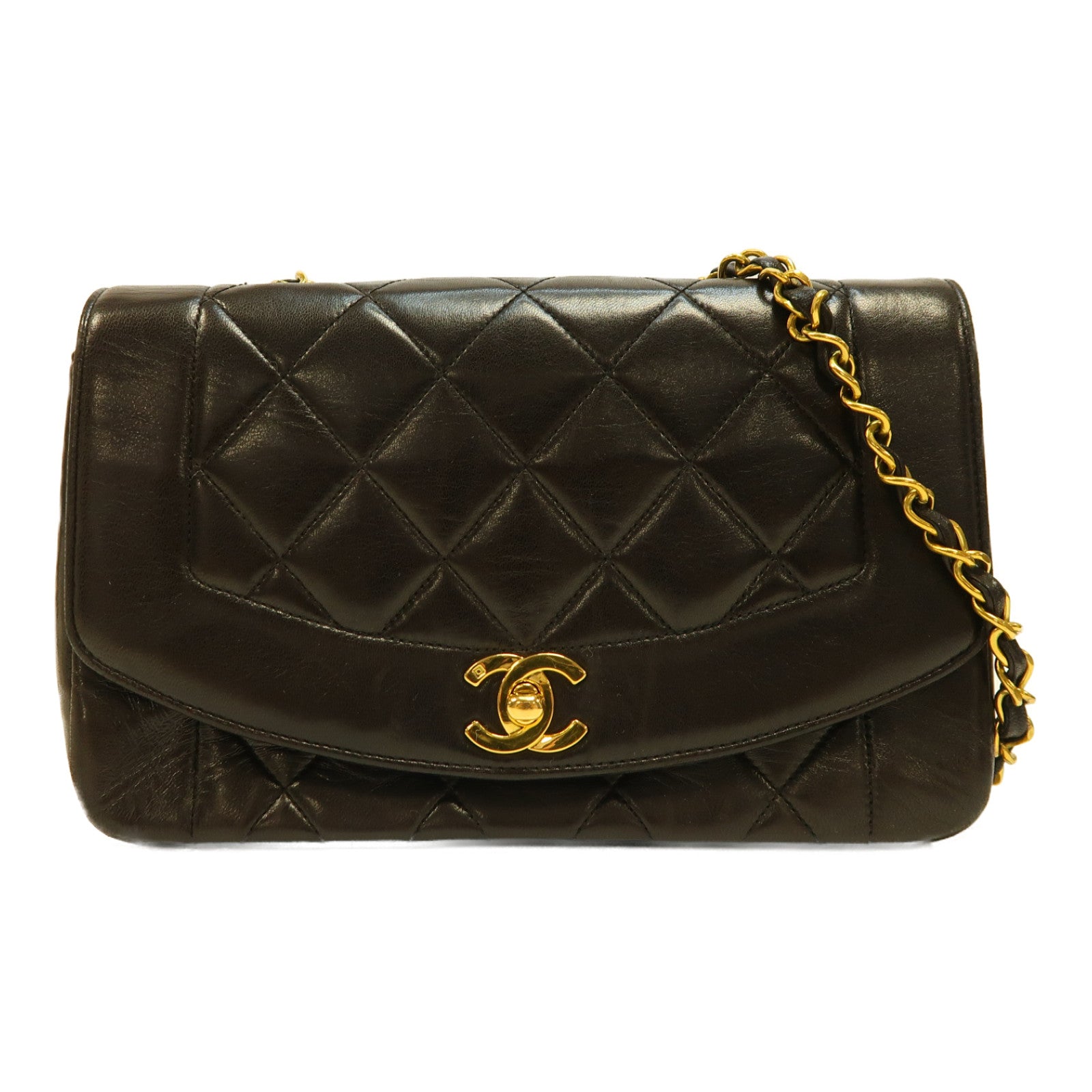 CHANEL 菱格羊皮皮革Vintage Diana金扣鏈帶肩背袋黑色