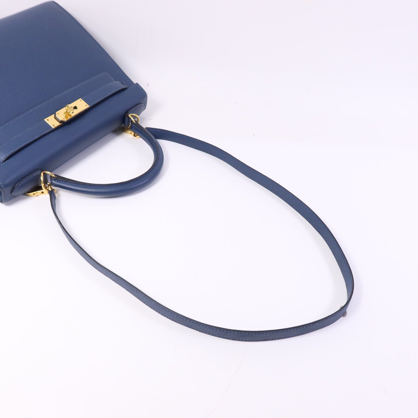 HERMES Epsom皮革Kelly 28金扣手挽肩背兩用袋Deep Bleu
