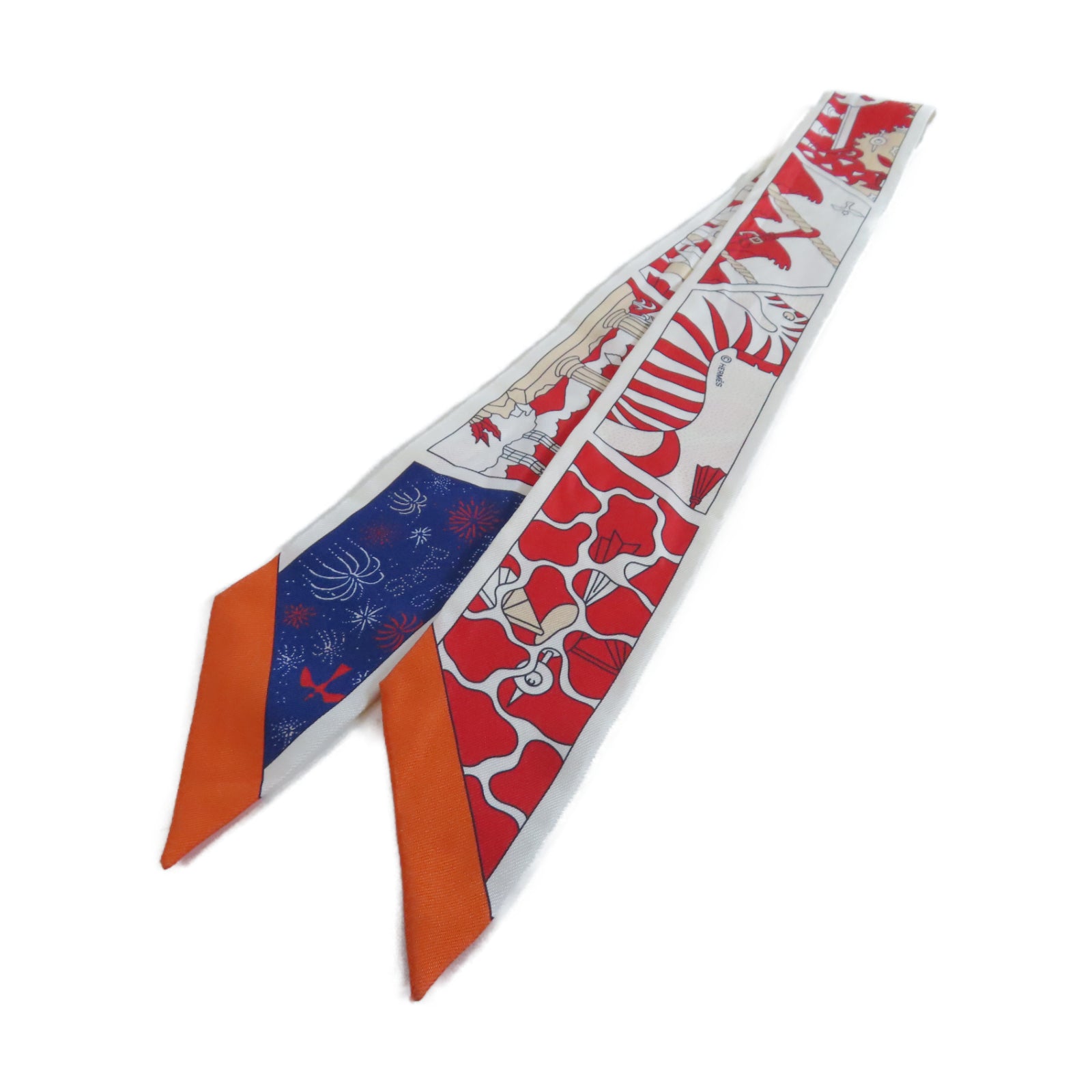 HERMES 【激減優惠】絲質Twilly絲巾紅色/白色