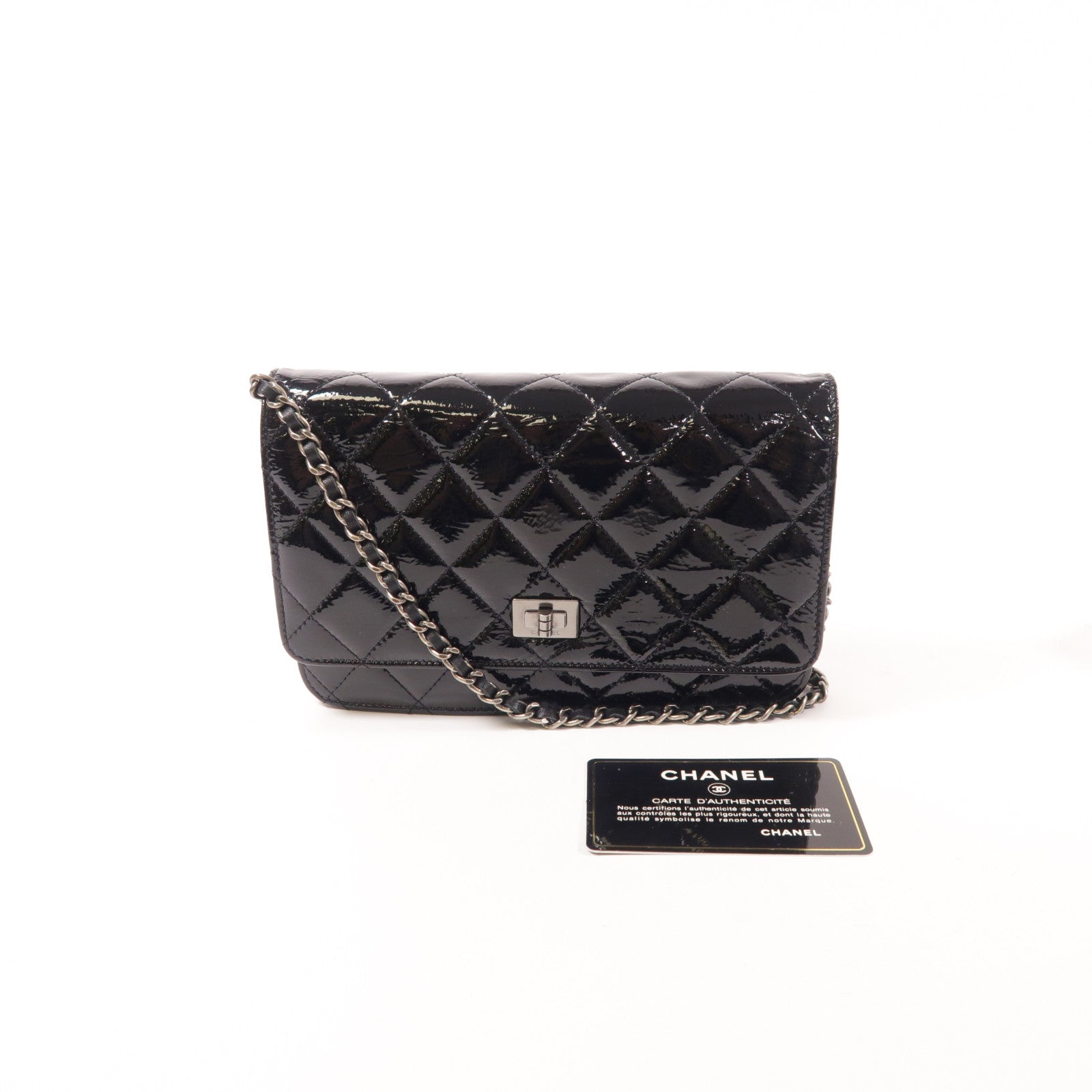 CHANEL CC SHW Wallet On Chain 2.55 Chain Shoulder Bag Patent Leather Black