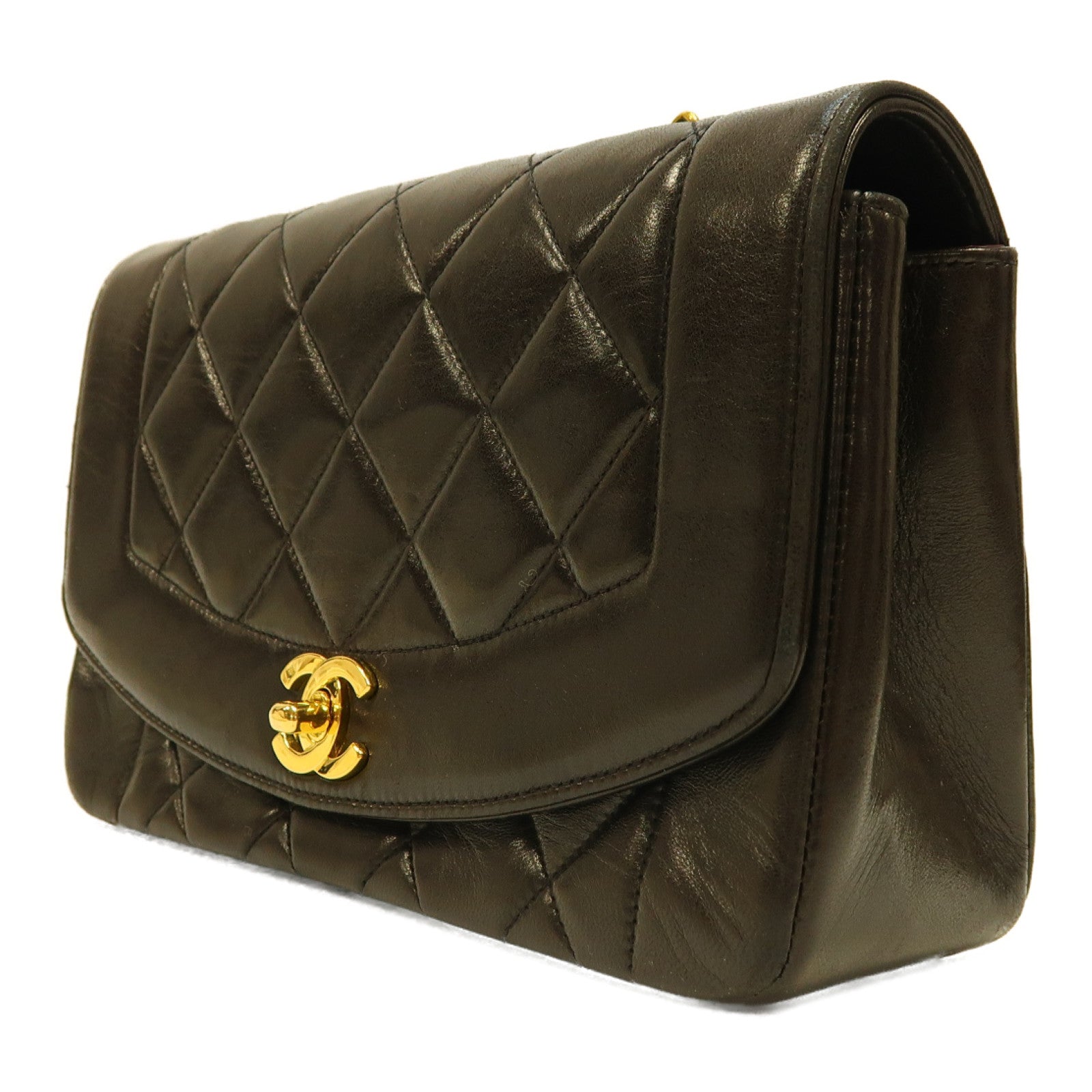 CHANEL 菱格羊皮皮革Vintage Diana金扣鏈帶肩背袋黑色