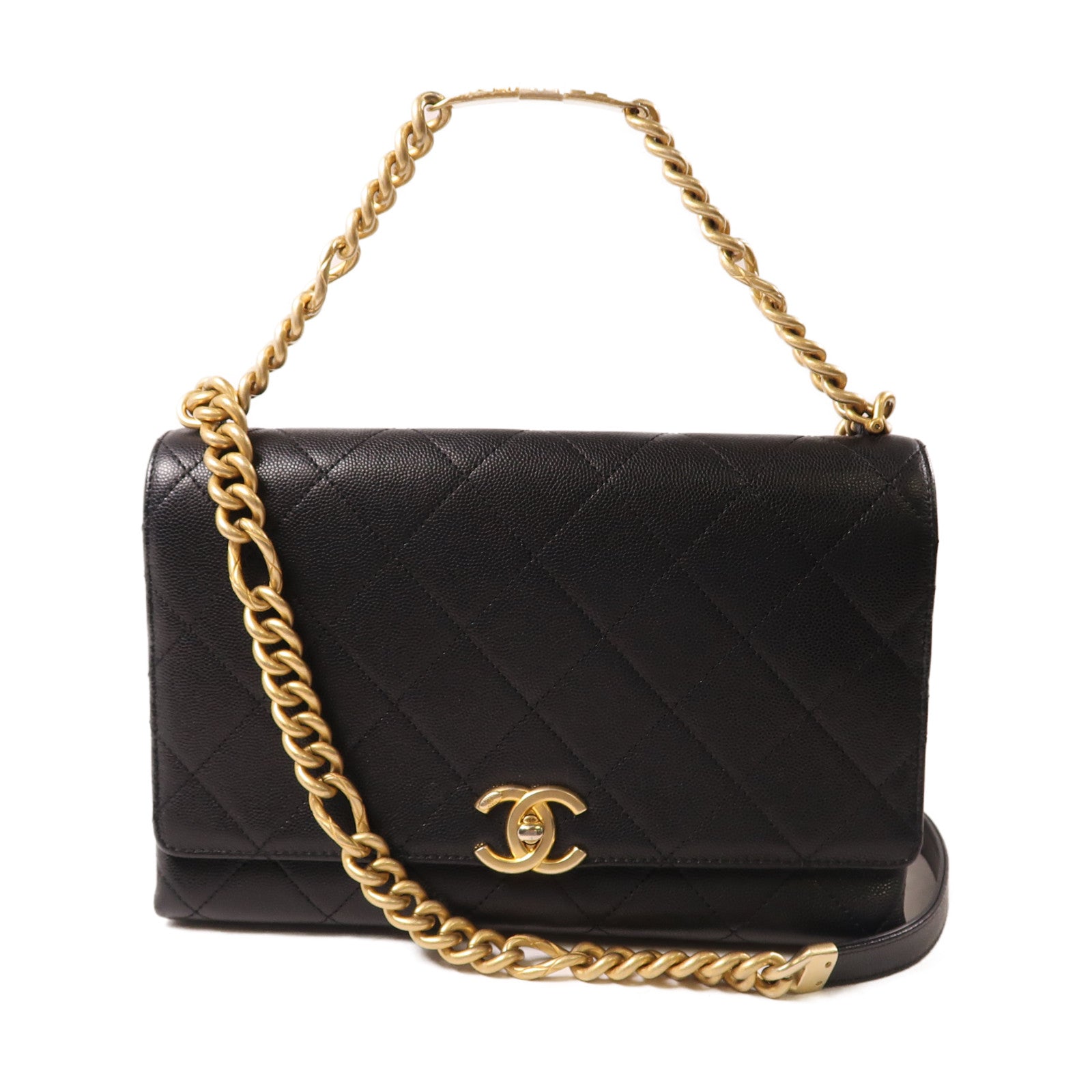 CHANEL 牛皮皮革Shoulder Bag金扣鏈帶手挽肩背兩用袋黑色