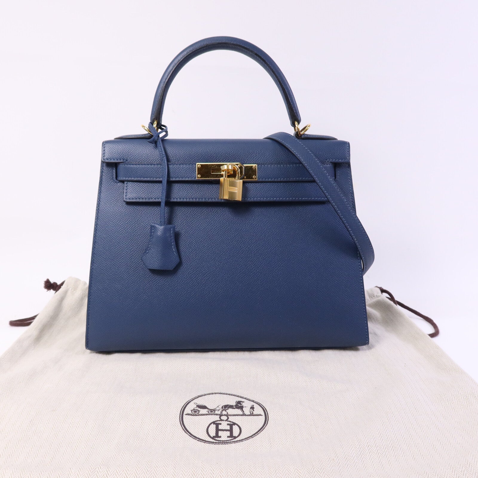 HERMES Epsom皮革Kelly 28金扣手挽肩背兩用袋Deep Bleu