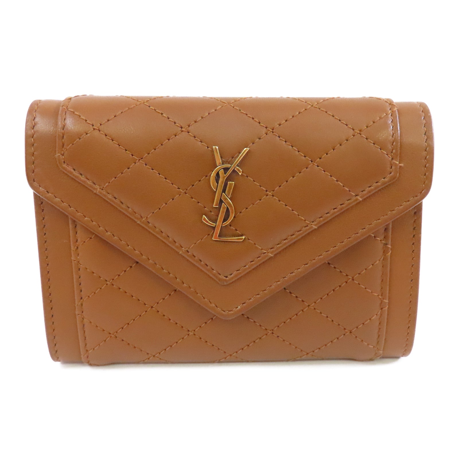 YVES SAINT LAURENT 牛皮皮革Card Case金扣卡片套棕色