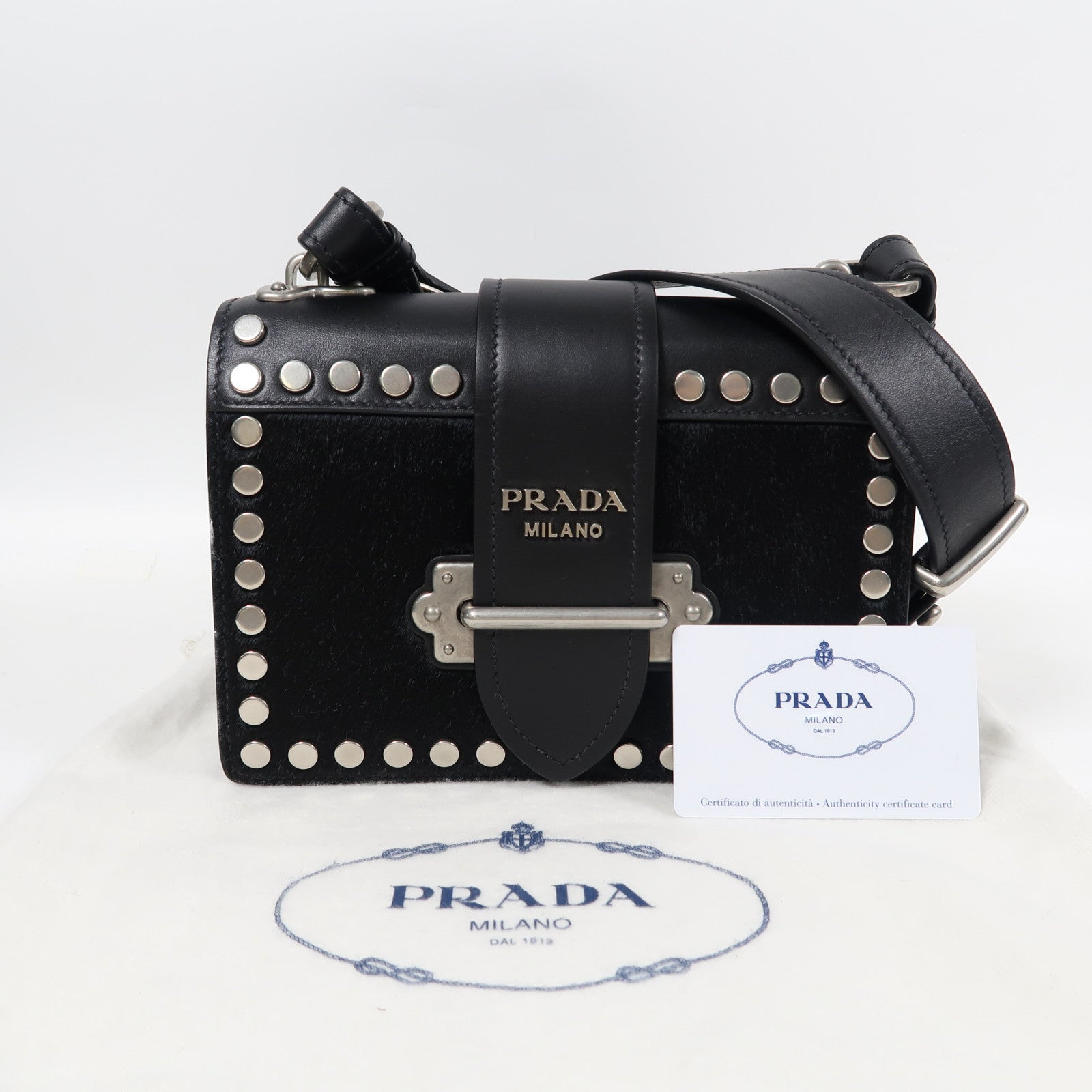 PRADA 牛皮皮革/馬毛Shoulder Bag銀扣肩背袋黑色