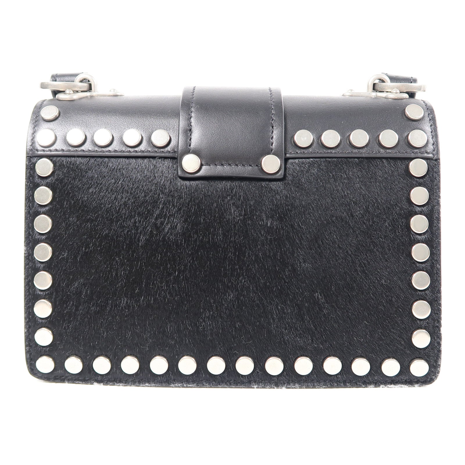 PRADA 牛皮皮革/馬毛Shoulder Bag銀扣肩背袋黑色