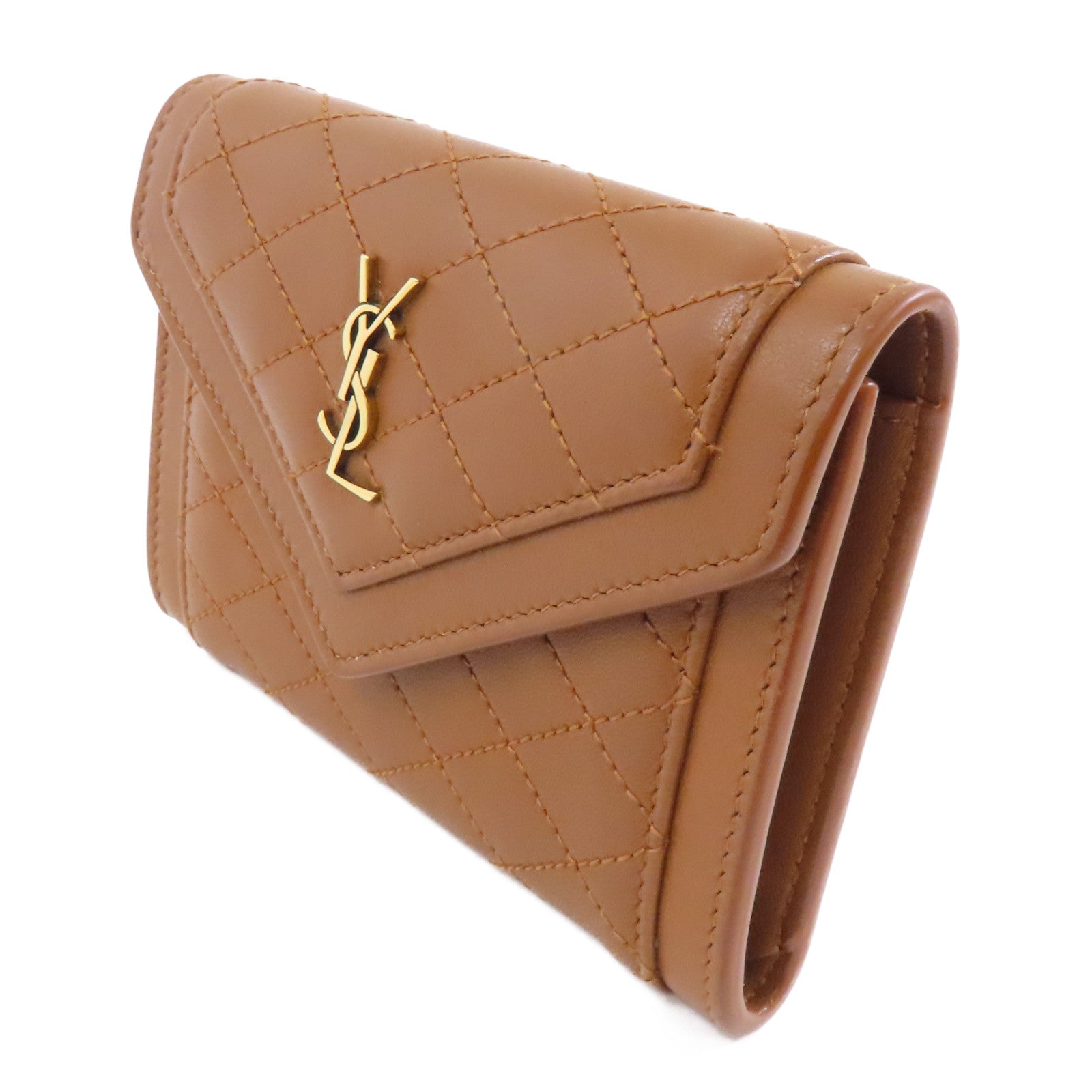 YVES SAINT LAURENT 牛皮皮革Card Case金扣卡片套棕色