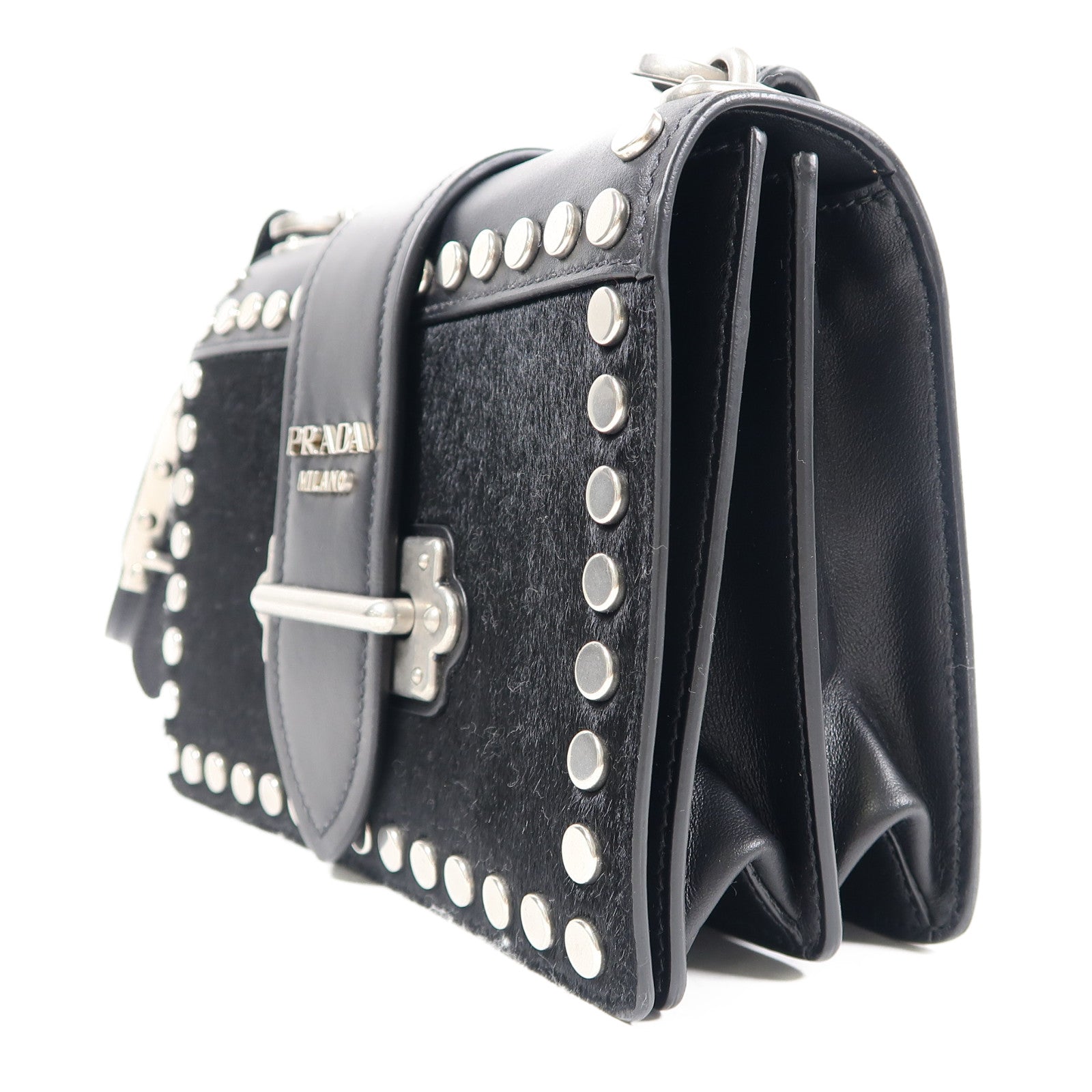 PRADA 牛皮皮革/馬毛Shoulder Bag銀扣肩背袋黑色