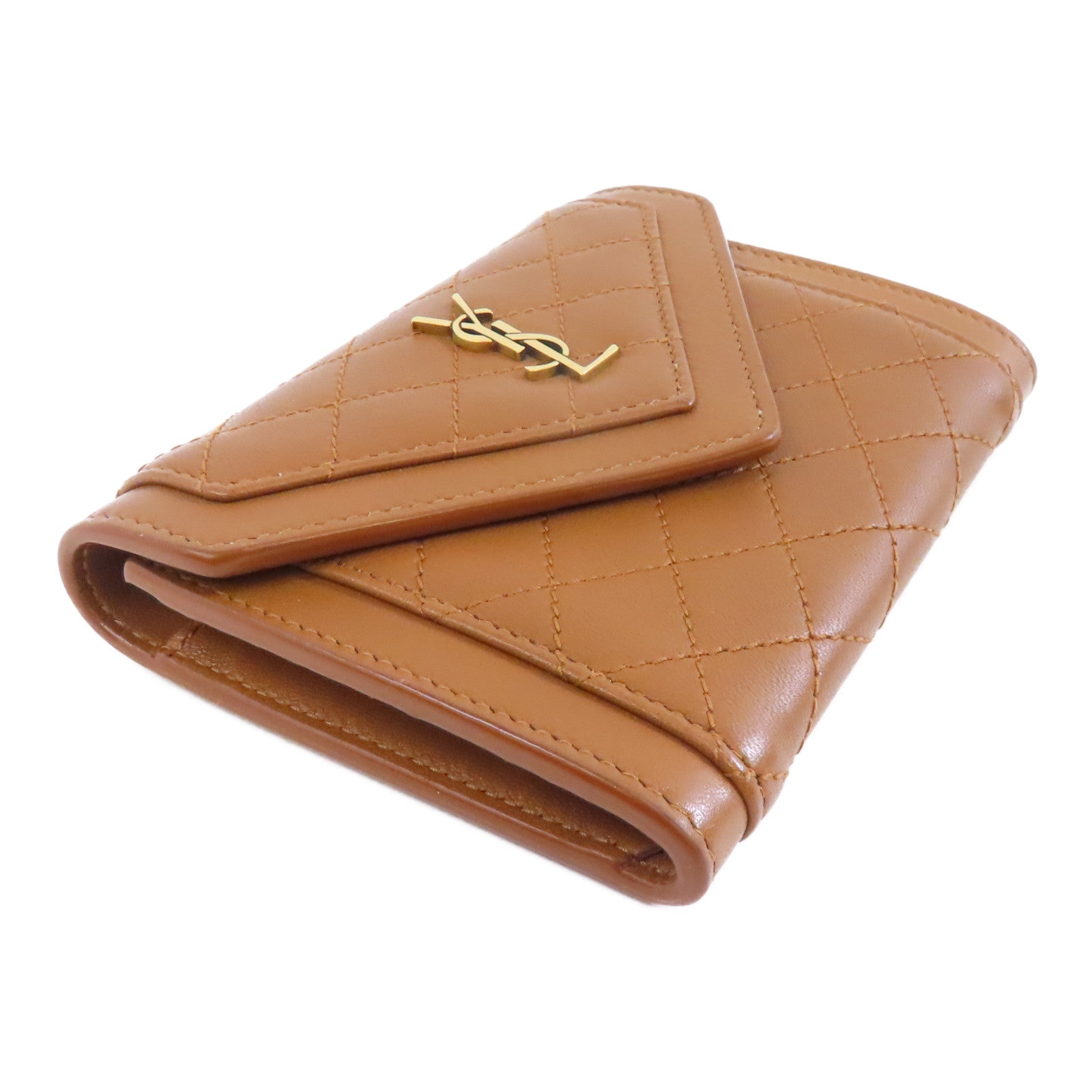 YVES SAINT LAURENT 牛皮皮革Card Case金扣卡片套棕色