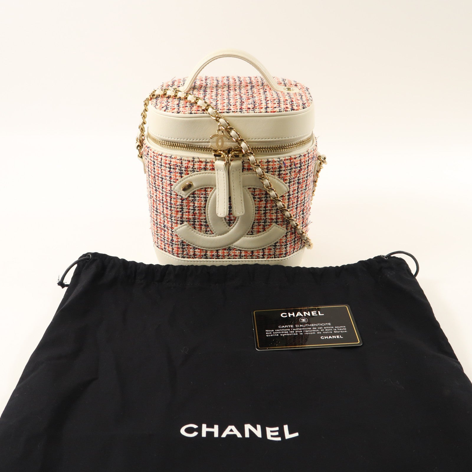 CHANEL 斜紋軟呢/皮革Chain Shoulder金扣鏈帶手挽肩背兩用袋白色/紅色