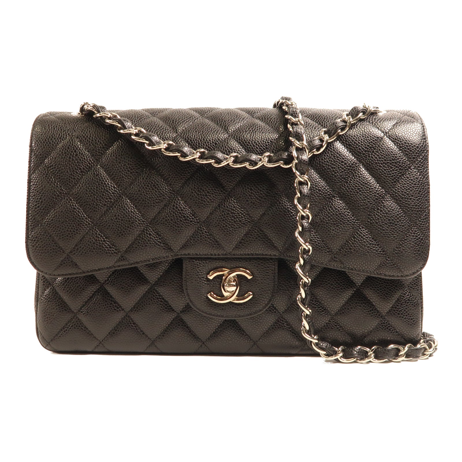 CHANEL 【激減優惠】牛皮皮革Jumbo 30銀扣鏈帶肩背袋黑色
