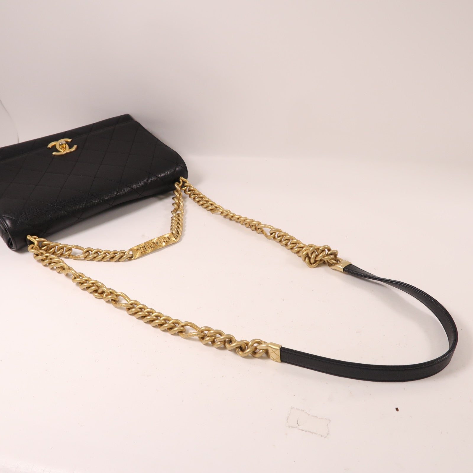 CHANEL 牛皮皮革Shoulder Bag金扣鏈帶手挽肩背兩用袋黑色