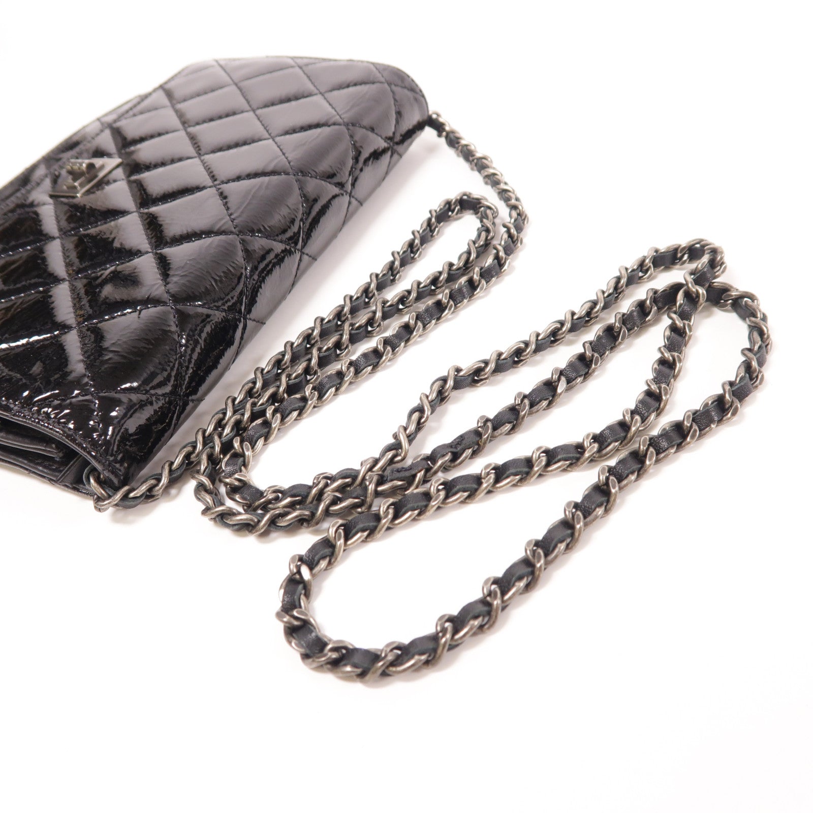 CHANEL CC SHW Wallet On Chain 2.55 Chain Shoulder Bag Patent Leather Black