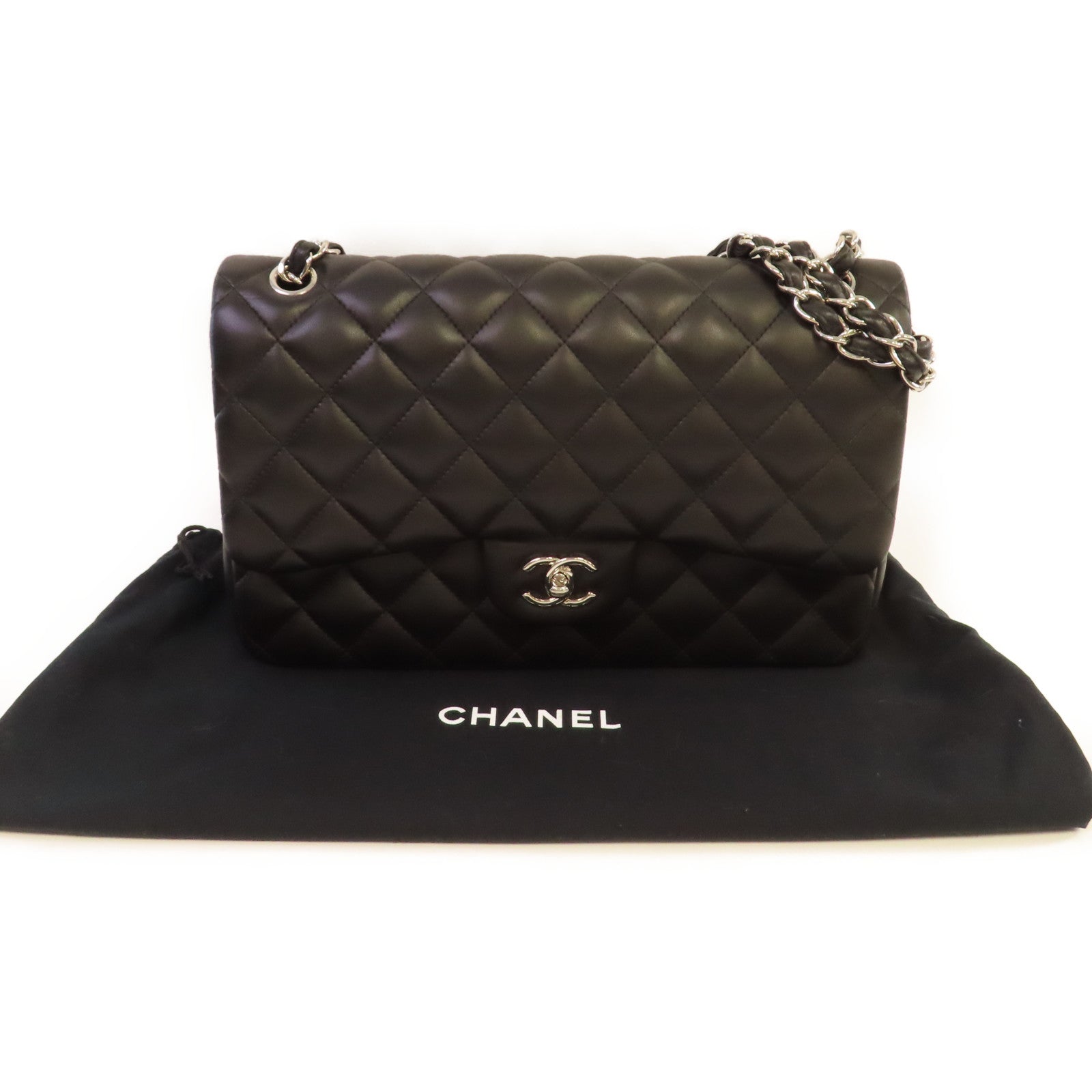 CHANEL 【激減優惠】菱格羊皮皮革Jumbo Classic Chain Shoulder Bag銀扣鏈帶肩背袋黑色