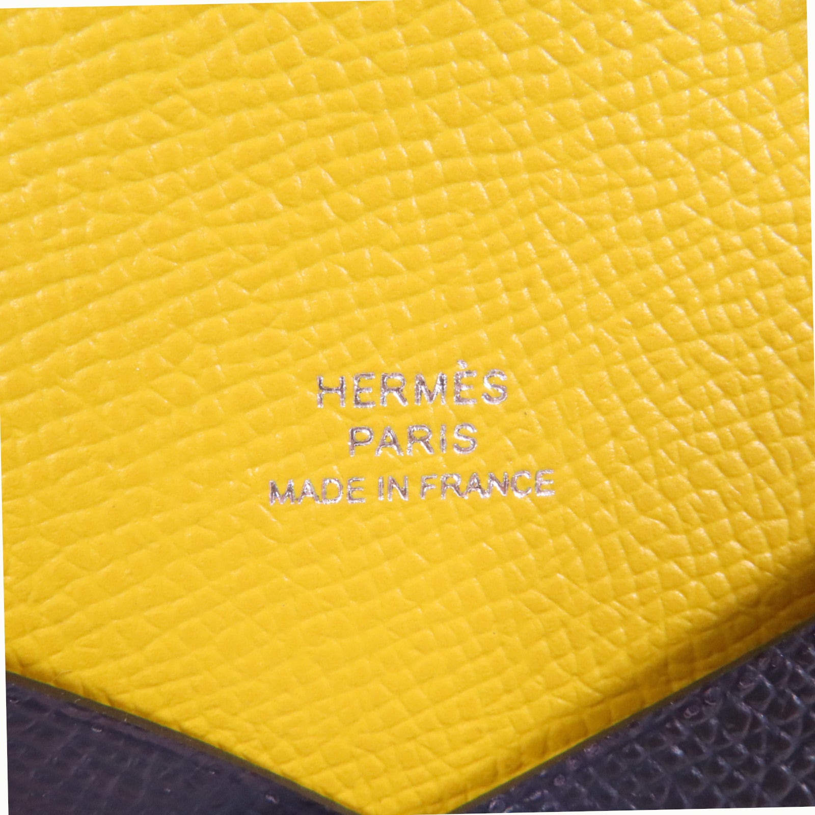 HERMES Epsom皮革Calvi銀扣卡片套76 Bleu Indigo深靛藍偏黑/9D Jaune Ambre琥珀黃