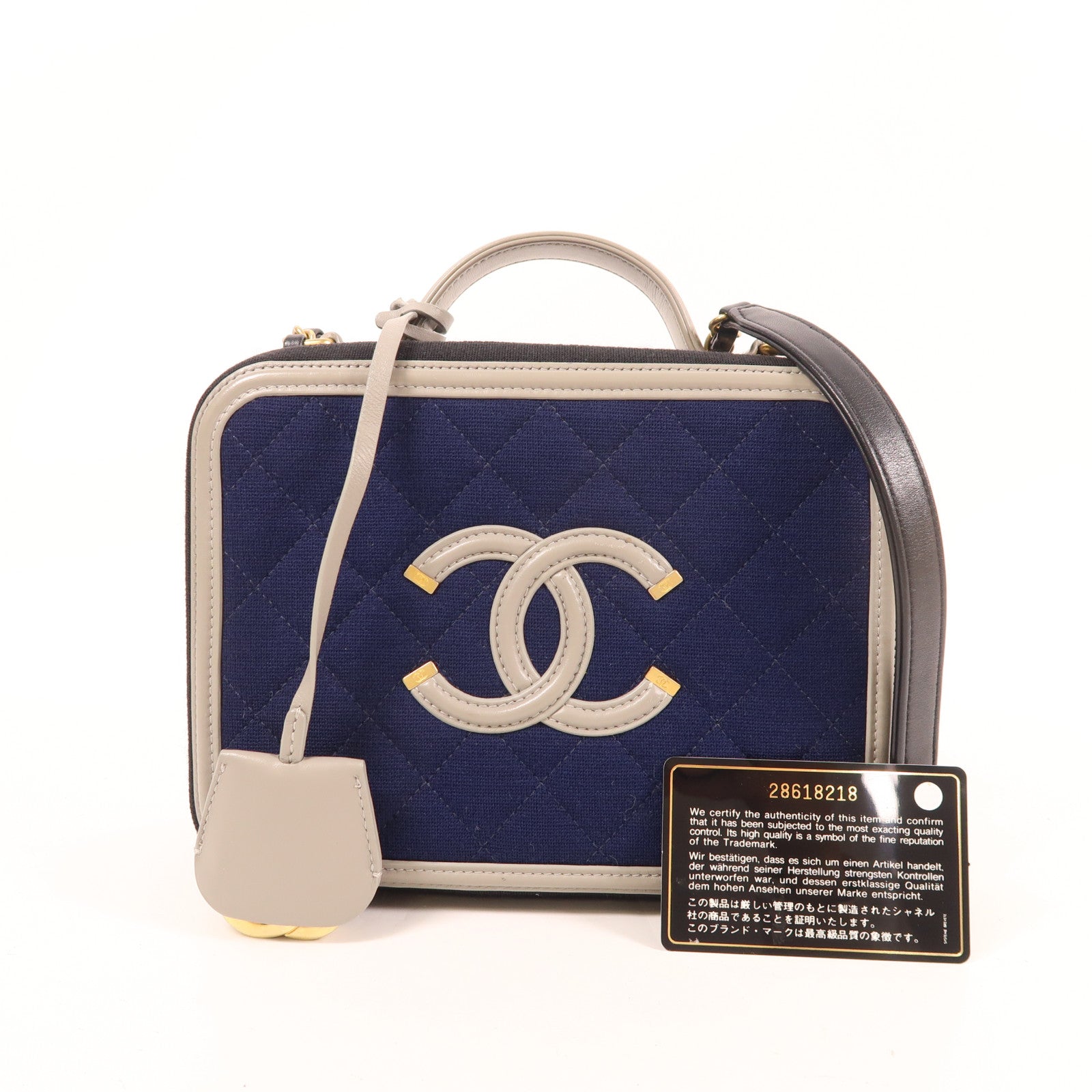 CHANEL 帆布Vanity Bag金扣手挽肩背兩用袋深藍色/黑色/灰色