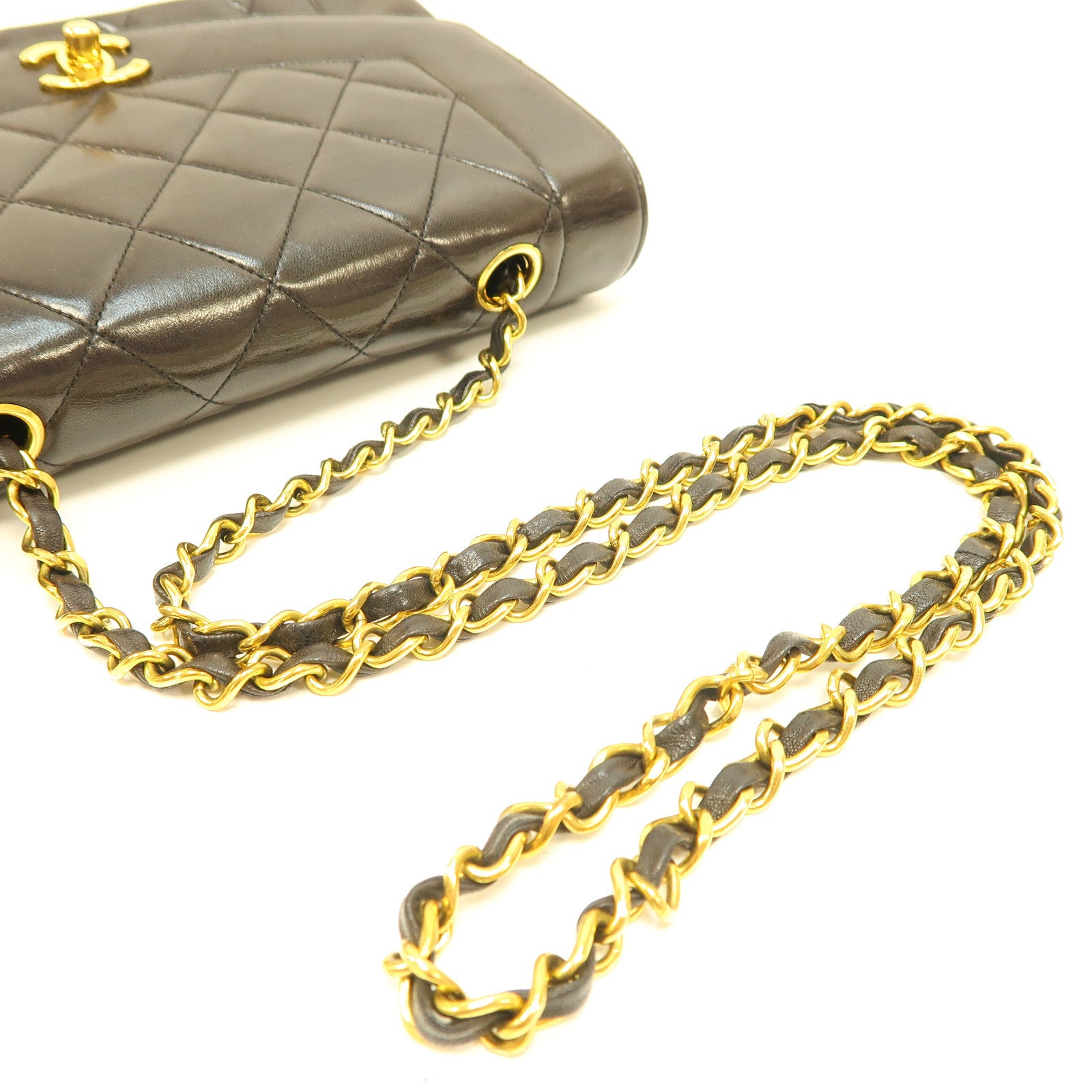 CHANEL 菱格羊皮皮革Vintage Diana金扣鏈帶肩背袋黑色